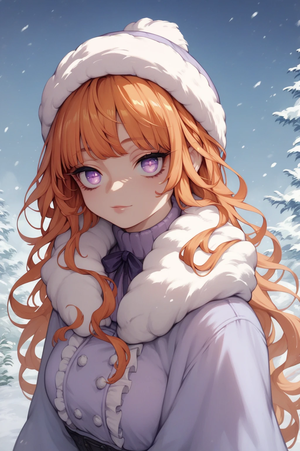 score_9, score_8_up, score_7_up, high resolution, 1girl, looking at viewer, beautiful face, detailed pupils, orange hair, long hair, fringed bangs, light purple eyes, breasts, winter outfit, winter