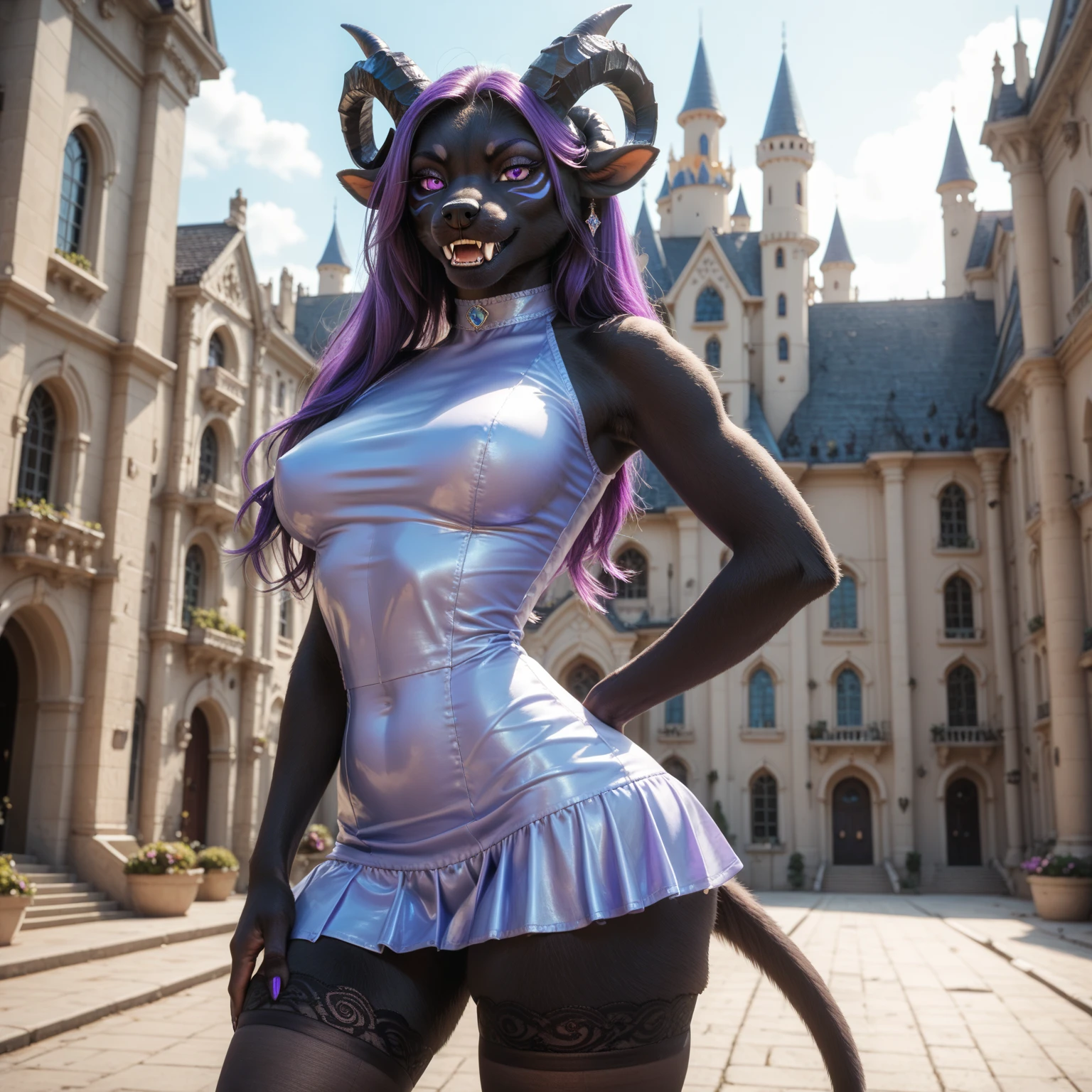 furry, solo art ,  female she-wolf , black fur,  slim figure went, big boobs, bigger thighs, horns,  detailed face, fangs,  purple hair,  purple eyes , blue lips, short dress, stockings, kobluki , effective ,  stands on a bolcon, background castle .