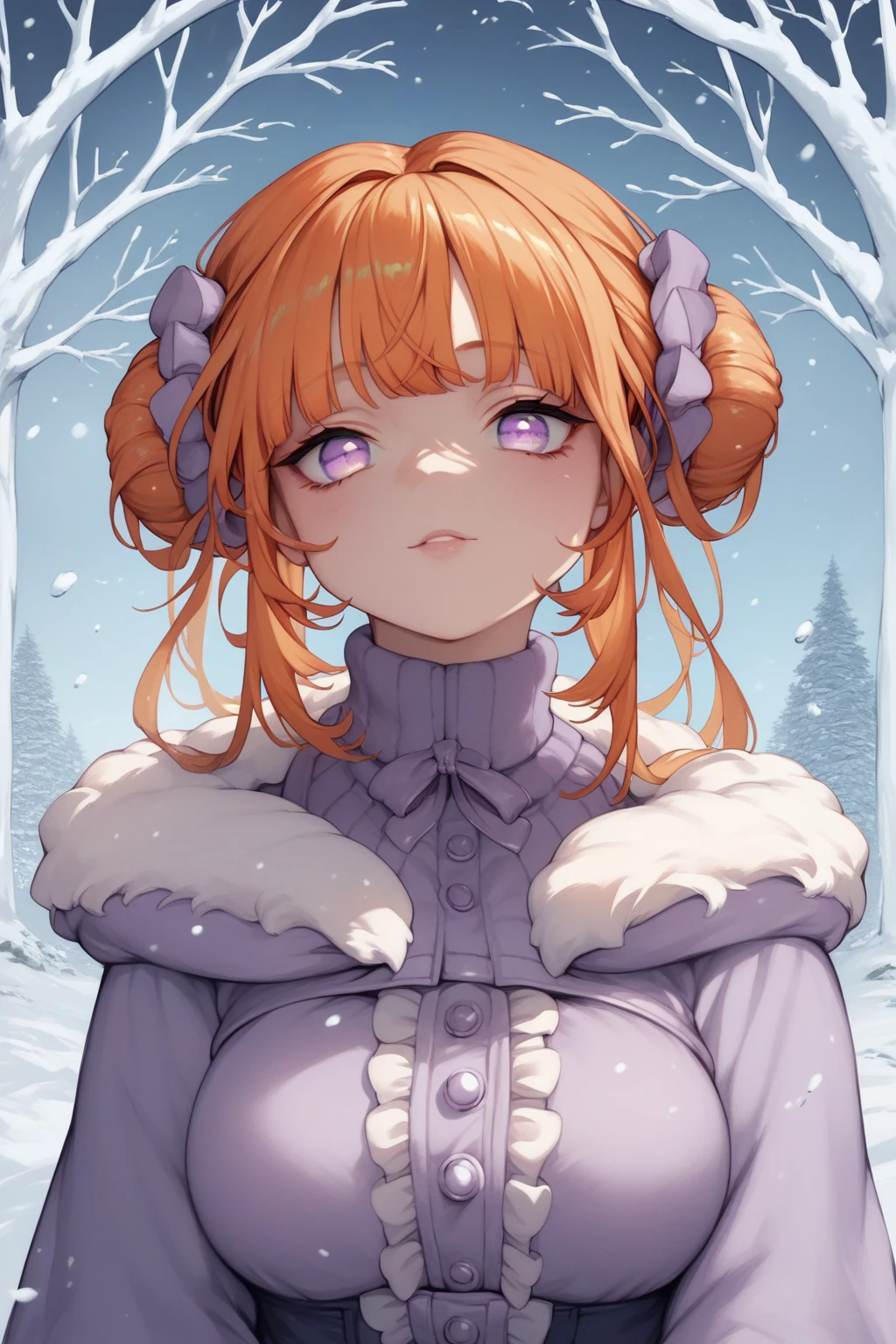 score_9, score_8_up, score_7_up, high resolution, 1girl, looking at viewer, beautiful face, detailed pupils, orange hair, triple bun, fringed bangs, light purple eyes, breasts, winter outfit, winter