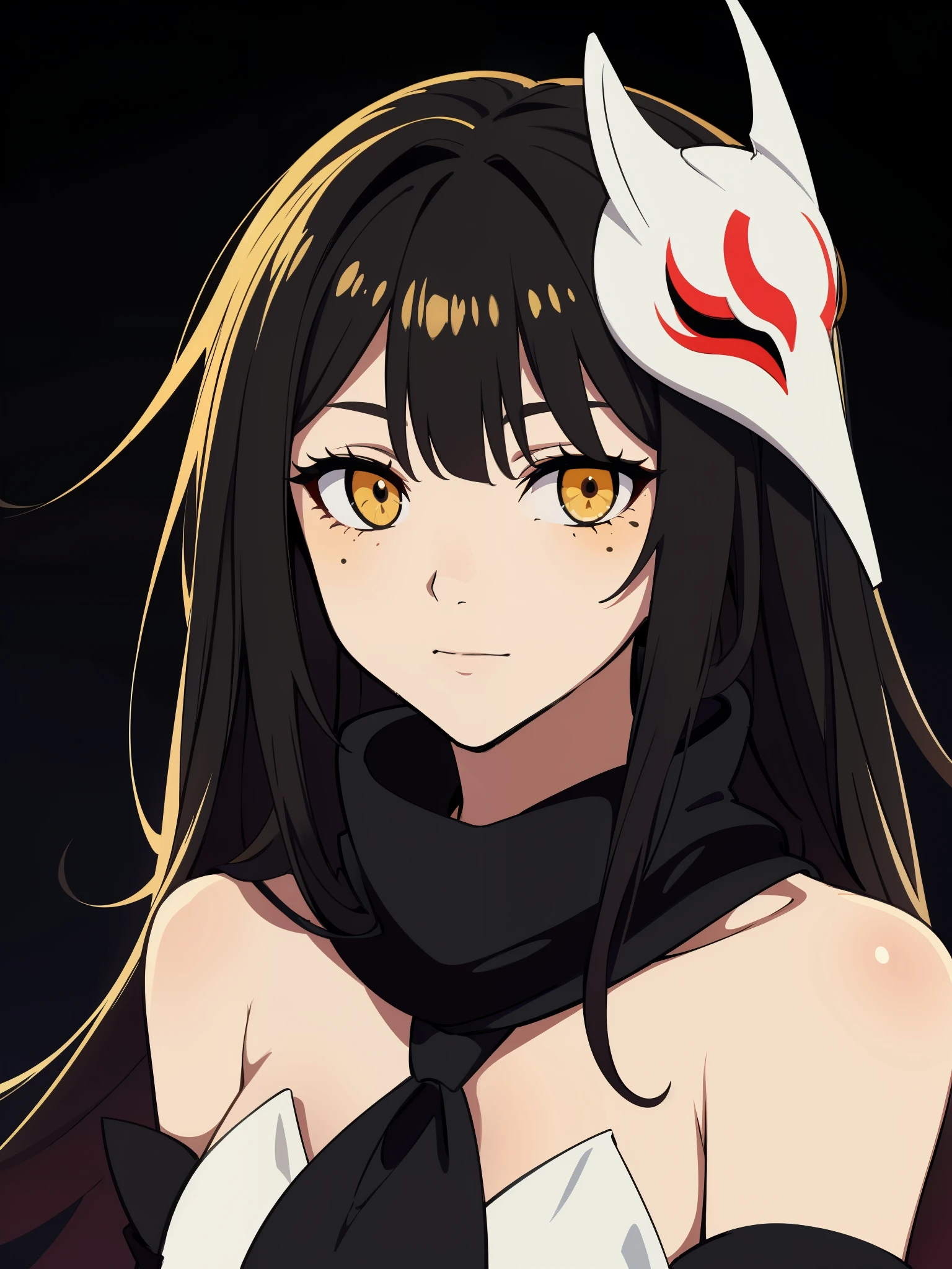 (high-quality, breathtaking),(expressive eyes, perfect face) 1girl, female, solo, adult age, Symmetrical Eyes, simple grey gradient background, long hair, shag hair, portrait, looking at viewer, black cape, scarf, white bone armor, detached collar, hollow mask, espada, golden yellow eye color, hollowfication, ichigo hollow mask inspiration, fox mask, black hair color, bmb-fc

