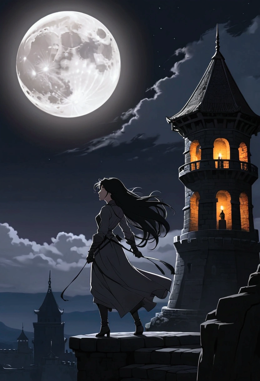 silhouette of a woman,  long hair,  wind moving hair ,  over the top of a tower, dungeon tower ,  totally black tower ,  at night, Full moon in the background