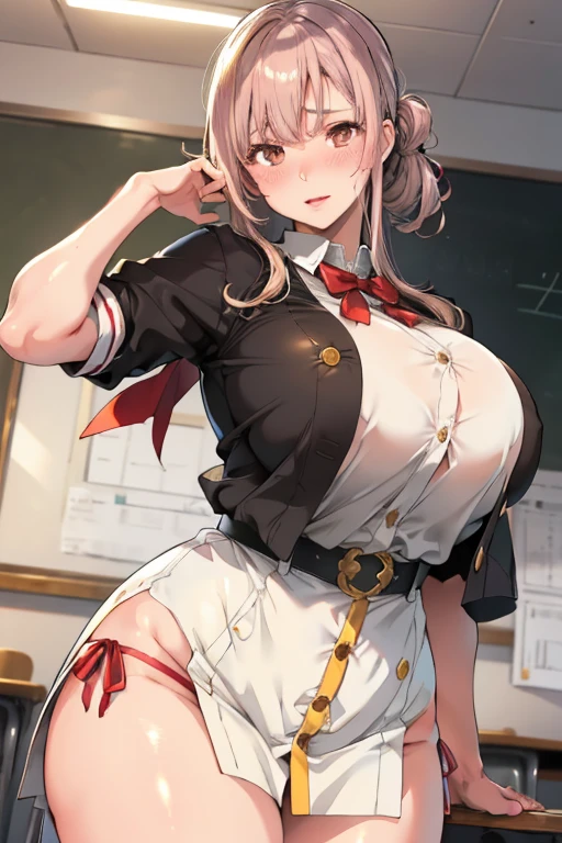 from below,breast focus,loose school uniform is sheer, button gap,(covered nipples:0.95),breasts,red white gold uniform,(side-tie peek:1.5),(button gap:1.5), white skirt, white top, red ribbon, golden buttons, golden shoulder pats, young adult, 19 years, (embarrassed,blush:1.5),blonde hair,half updo hair, open mouth,brown eyes, beautiful brown eyes, big breast, striking body curves, horny smile, pink lips,  girl, cute pose, masterpiece, classroom background, school