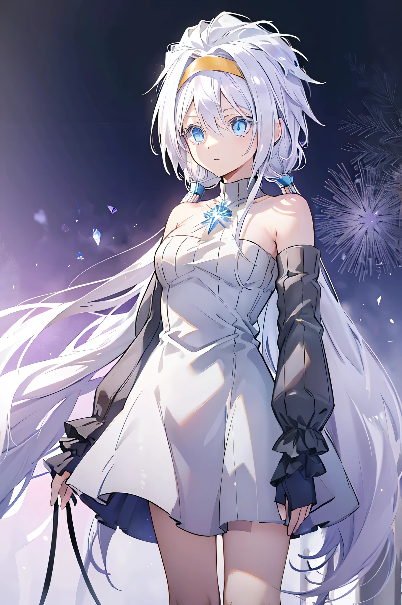 Young woman, long flowing white hair, blue eyed tinged with a shade of lavender, delicate skin, perfectly shaped hands, detailed hands covered in an icy aura. life-like portrayal, cold glinted eyes, masterfully crafted features, black cloak, black and cold detached sleeves, medium length combat dress, turtleneck jumpsuit, golden ornaments, gold headband, perfect art, beautiful deep blue eyes