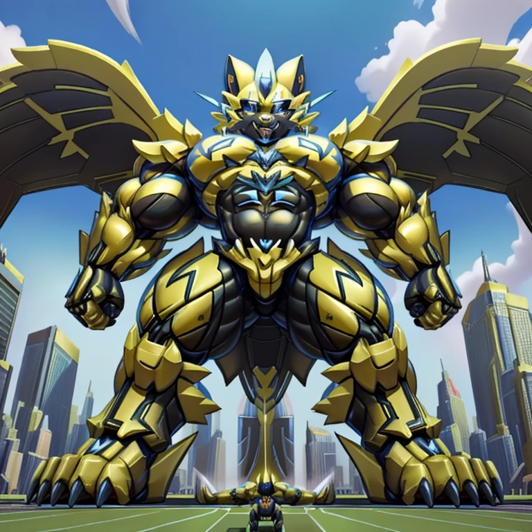 (masterpiece. official art. 8k. best quality. detailed full body. full body.)
(situation 1 : dominating zeraora. focus GIANT mechanical Muscular zeraora is trampling the CITY. macro. stomp. Low-angle perspective. emphasizing the immense size. The perspective is from below, emphasizing the sheer majesty and power of the Giant. giant art. He is much bigger than a skyscraper. Giga Giants. micro soccer field. looking down.)

(situation 2 :smoke and flames rising from the destruction in the city)

(Additional details 1: wearing a full-face helmet. helmet is jet black. The color of NANOSUIT is jet black. high-tech bio-mecha armor. real texture material. whole body shines like metal. Wearing cyberpunk mecha. emphasizes the muscles. suit fully made of metal. intricate armor. Robotic suit. suit fully made of metal. no face.). (zeraora has 5 toes.) Wearing a Full Face Toxic Gas Mask. no blue.
An arrogant expression.
smile at the corner of your mouth.

(Additional details 2: (Detailed head. Detailed Body. Detailed abs. gigantic muscles. HYPER MUSCLES. Gigachad Muscular. big muscle. pecs. triceps. traps. unusually developed muscular body. body full of huge muscles. showing off muscles. pectorales enormes. Exaggeratedly huge muscles. huge muscles. long legs.).

(Additional details 3: nj5furry, Spread wings. It has wings. black have big wings. The claws are sharp. Sharp teeth.5 toes.).  