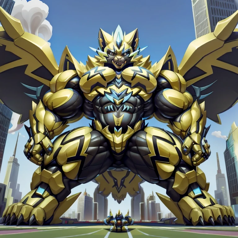 (masterpiece. official art. 8k. best quality. detailed full body. full body.)
(situation 1 : dominating zeraora. focus GIANT mechanical Muscular zeraora is trampling the CITY. macro. stomp. Low-angle perspective. emphasizing the immense size. The perspective is from below, emphasizing the sheer majesty and power of the Giant. giant art. He is much bigger than a skyscraper. Giga Giants. micro soccer field. looking down.)

(situation 2 :smoke and flames rising from the destruction in the city)

(Additional details 1: wearing a full-face helmet. helmet is jet black. The color of NANOSUIT is jet black. high-tech bio-mecha armor. real texture material. whole body shines like metal. Wearing cyberpunk mecha. emphasizes the muscles. suit fully made of metal. intricate armor. Robotic suit. suit fully made of metal. no face.). (zeraora has 5 toes.) Wearing a Full Face Toxic Gas Mask. no blue.
An arrogant expression.
smile at the corner of your mouth.

(Additional details 2: (Detailed head. Detailed Body. Detailed abs. gigantic muscles. HYPER MUSCLES. Gigachad Muscular. big muscle. pecs. triceps. traps. unusually developed muscular body. body full of huge muscles. showing off muscles. pectorales enormes. Exaggeratedly huge muscles. huge muscles. long legs.).

(Additional details 3: nj5furry, Spread wings. It has wings. black have big wings. The claws are sharp. Sharp teeth.5 toes.).  