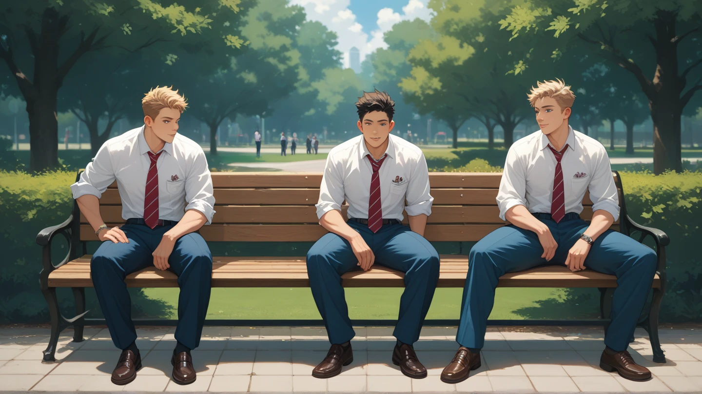 Three Japanese high school boys are wearing uniforms and talking happily side by side on a park bench