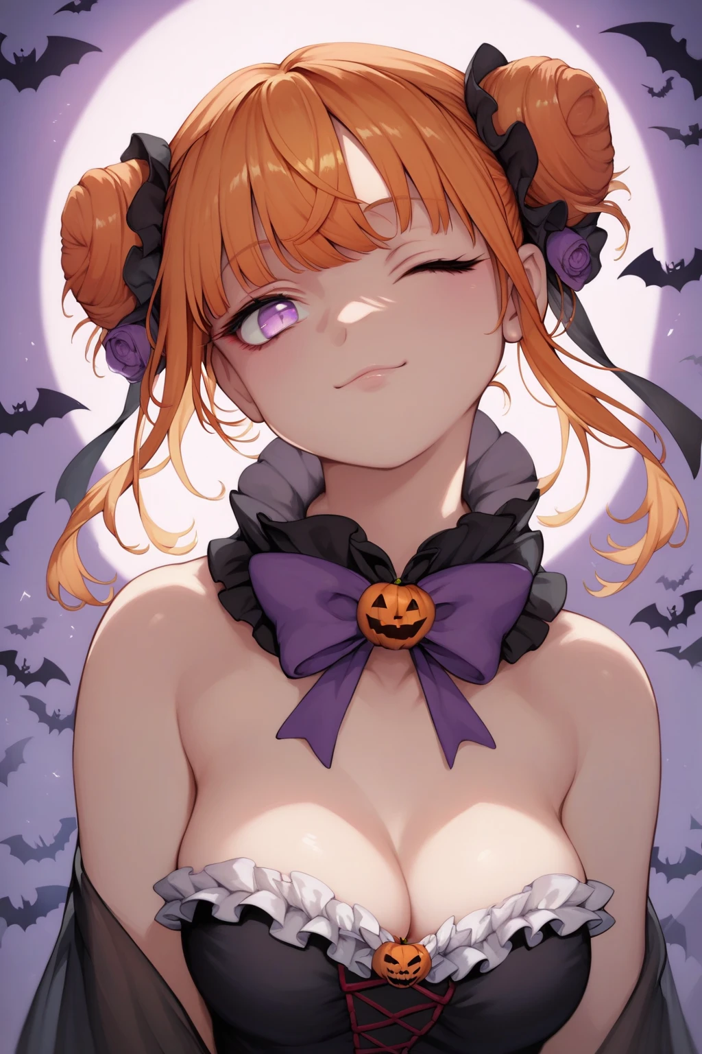 score_9, score_8_up, score_7_up, high resolution, 1girl, looking at viewer, beautiful face, detailed pupils, one eye closed \(winking\), orange hair, triple bun, fringed bangs, light purple eyes, breasts, Halloween costume, Halloween, scary