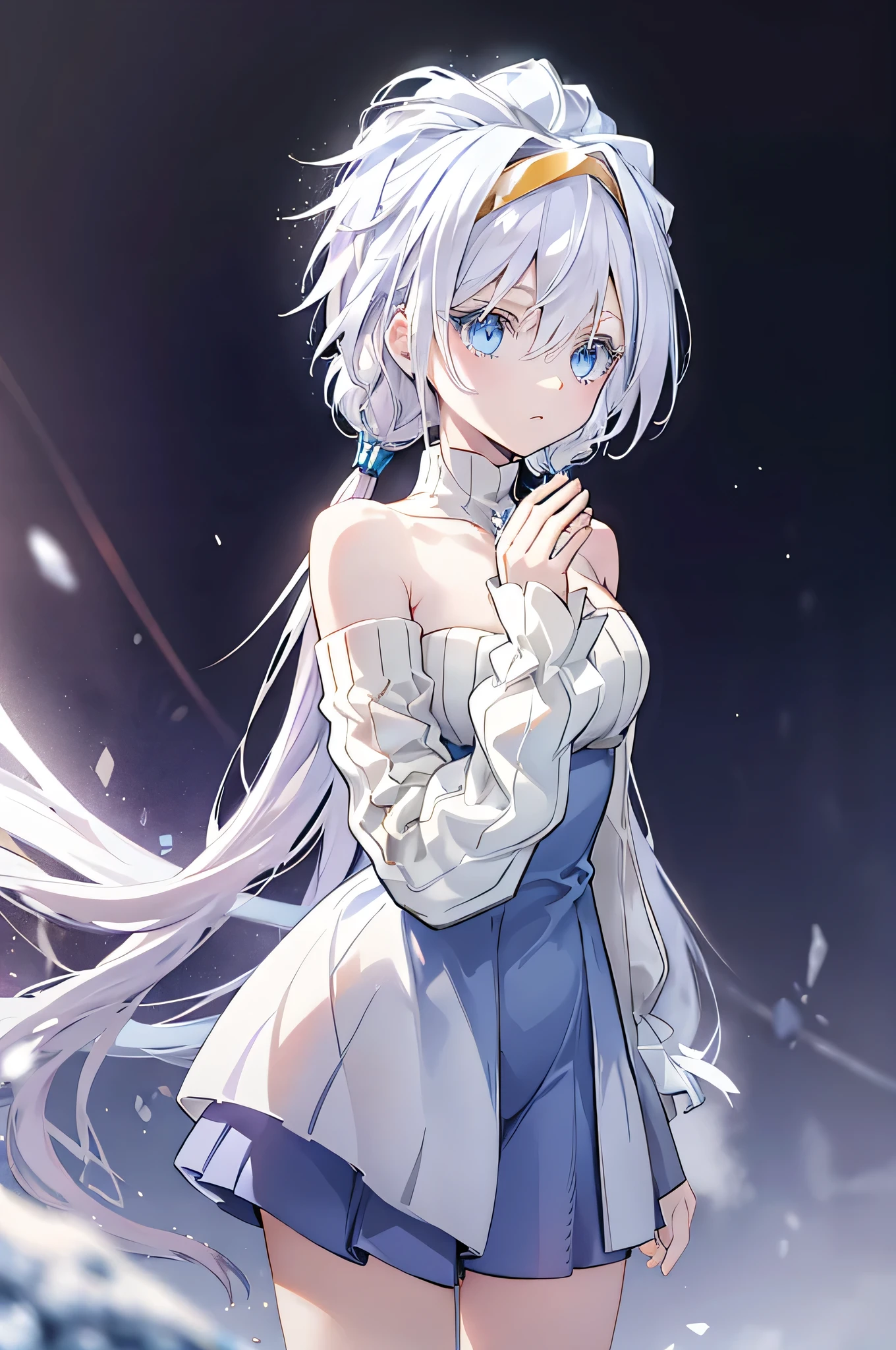 Young woman, long flowing white hair, blue eyed tinged with a shade of lavender, delicate skin, perfectly shaped hands, detailed hands covered in an icy aura. life-like portrayal, cold glinted eyes, masterfully crafted features, black cloak, black and cold detached sleeves, medium length combat dress, turtleneck jumpsuit, golden ornaments, gold headband, perfect art, beautiful deep blue eyes, two arms, two hands, two legs, five fingers per hand