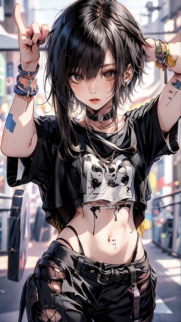 masterpiece, highest quality, pixiv, one cool girl, Suzu Hirose、the strongest pirate girl, topless, small breasts、Completely naked、lips in love, dark brown hair, bob hair, gray eyes, white skin, gal, provocative、(((graffiti art))), Improve