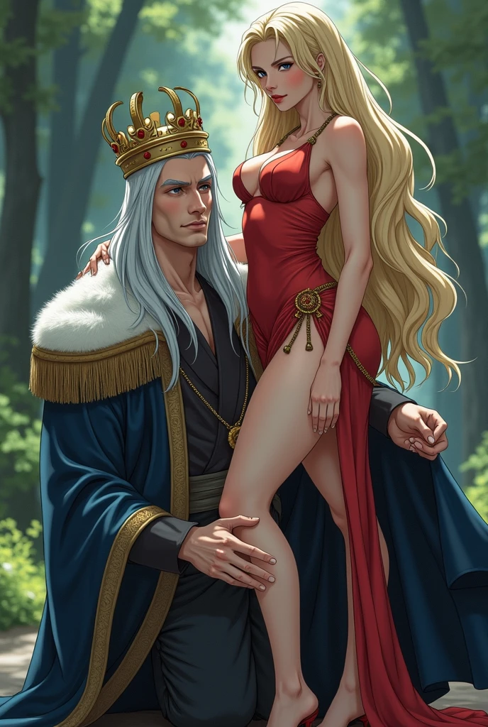 Homem e uma mulher se beijando, homem de cabelo loiro e longo, olhos azuis, peitoral gigante, corpo forte, Corpo com muita veia, armadura de viking, espada gigantesca, Mulher de cabelo curto e preto, olhos verdes, mid chest, sexy, curvas apontadas, Corpo sensual, roupa da pano, medieval setting, imagem HD, Imagem limpa, Imagem 4k, alta resolução, obra prima, manga art