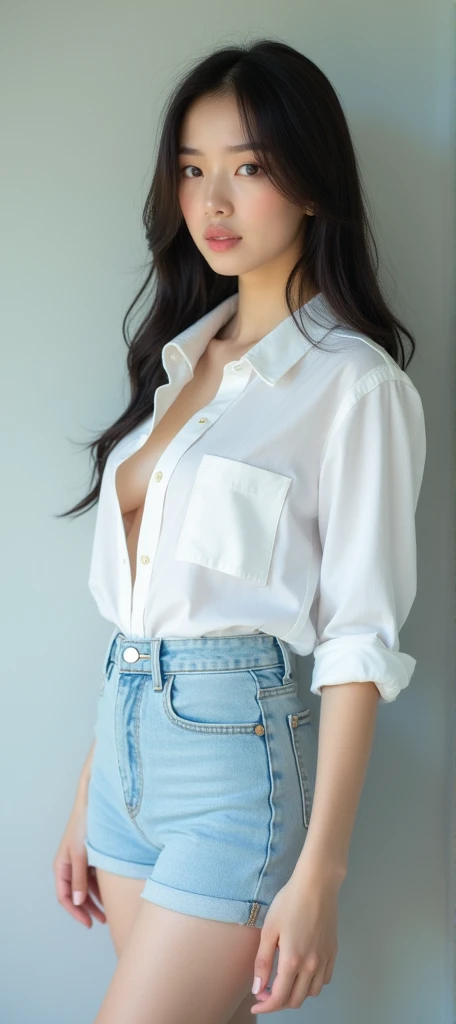(best quality,4k,8k,highres,masterpiece:1.2),ultra-detailed,realistic:1.3,portraits,SFW,full body lesbian,(transparent,white unbutton-up shirt opened:1.2),(((loose))),((wide open chest:1.3)),slim abs,braless,yoga shorts,happy smile,cleavage,long slender legs,huge breasts,ponytail