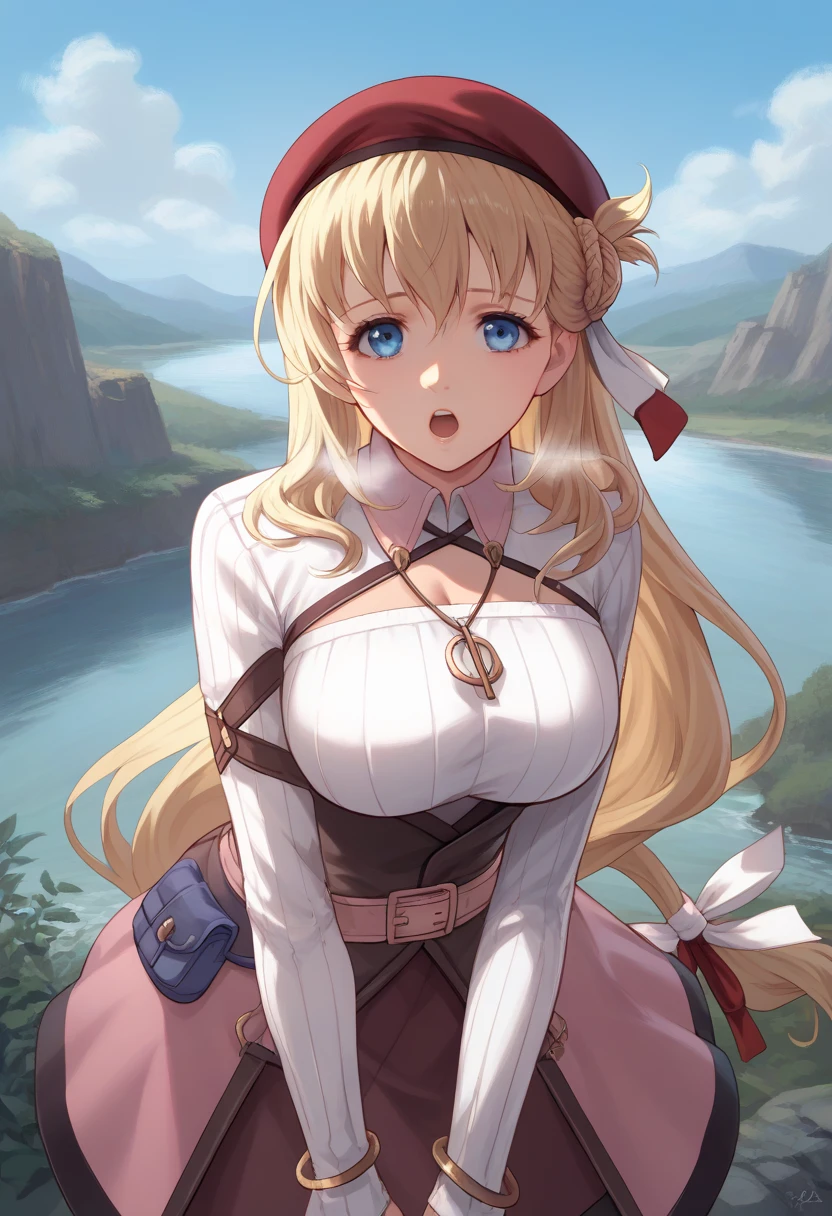 score_9, score_8_up, score_7_up,
1girl, solo, 
Agnes Claudel, blonde hair, long hair, white ribbon, red ribbon, hair ribbon, blue eyes, large breasts,  skinny, red beret, white shirt, long sleeves, pendant, cleavage cutout, brown corset, belt, blue pouch, bracelet, pink skirt, thigh boots,, 
 looking at viewer, upper body, portrait,
outdoors, clouds, valley, plants, rocks, river,
racoonsan,, , standing up bending forward exhausted and heavy breathing, moaning, mouth open