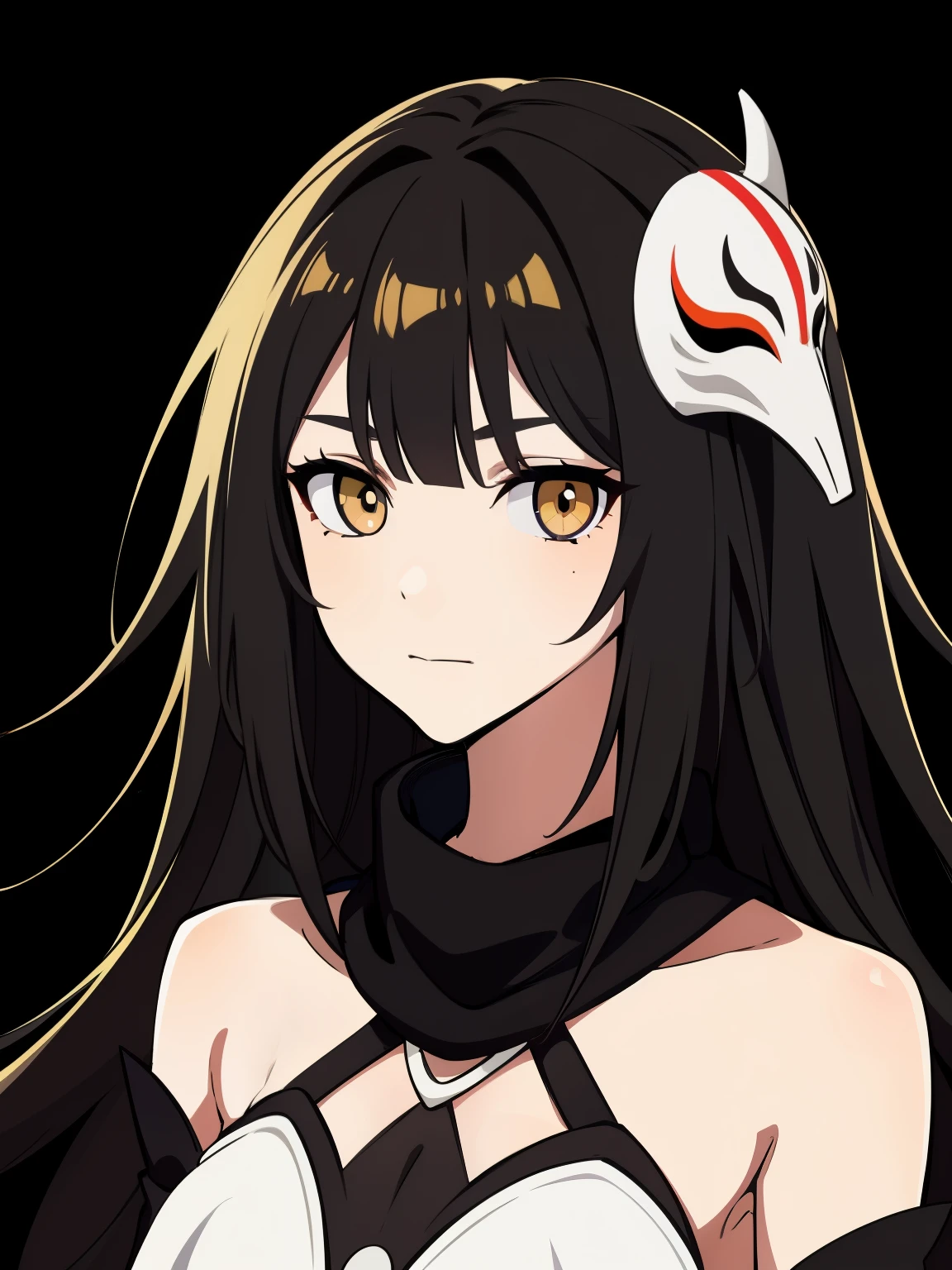 (high-quality, breathtaking),(expressive eyes, perfect face) 1girl, female, solo, adult age, Symmetrical Eyes, simple grey gradient background, long hair, shag hair, portrait, looking at viewer, black cape, scarf, white bone armor, detached collar, hollow mask, espada, golden yellow eye color, hollowfication, ichigo hollow mask inspiration, fox mask, black hair color, 