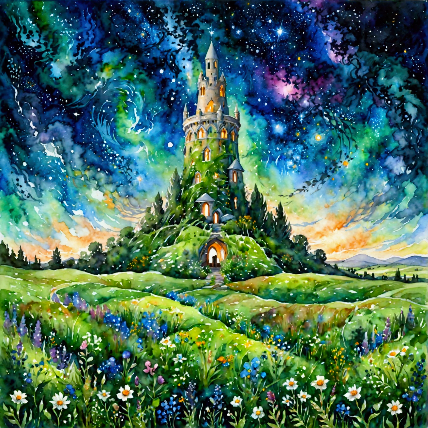 A watercolor-style illustration of a vast daytime grassland with a colossal tower standing in the center, designed to resemble the depths of space. The tower’s surface is adorned with swirling patterns of stars, galaxies, and cosmic nebulae, creating a stark contrast against the bright blue sky and sunlit grass. The surrounding grassland is lush and vibrant, painted in soft greens with delicate wildflowers. The tower radiates an aura of mystery and otherworldliness, its dark, cosmic design standing in sharp opposition to the cheerful daylight. The scene captures a harmonious blend of light and darkness, evoking a sense of cosmic wonder, (watercolor style, grassland, colossal tower, cosmic design, stars, galaxies, nebulae, bright blue sky, lush green grass, wildflowers, mystery, otherworldly, light and dark contrast, cosmic wonder, serene, delicate brushstrokes)