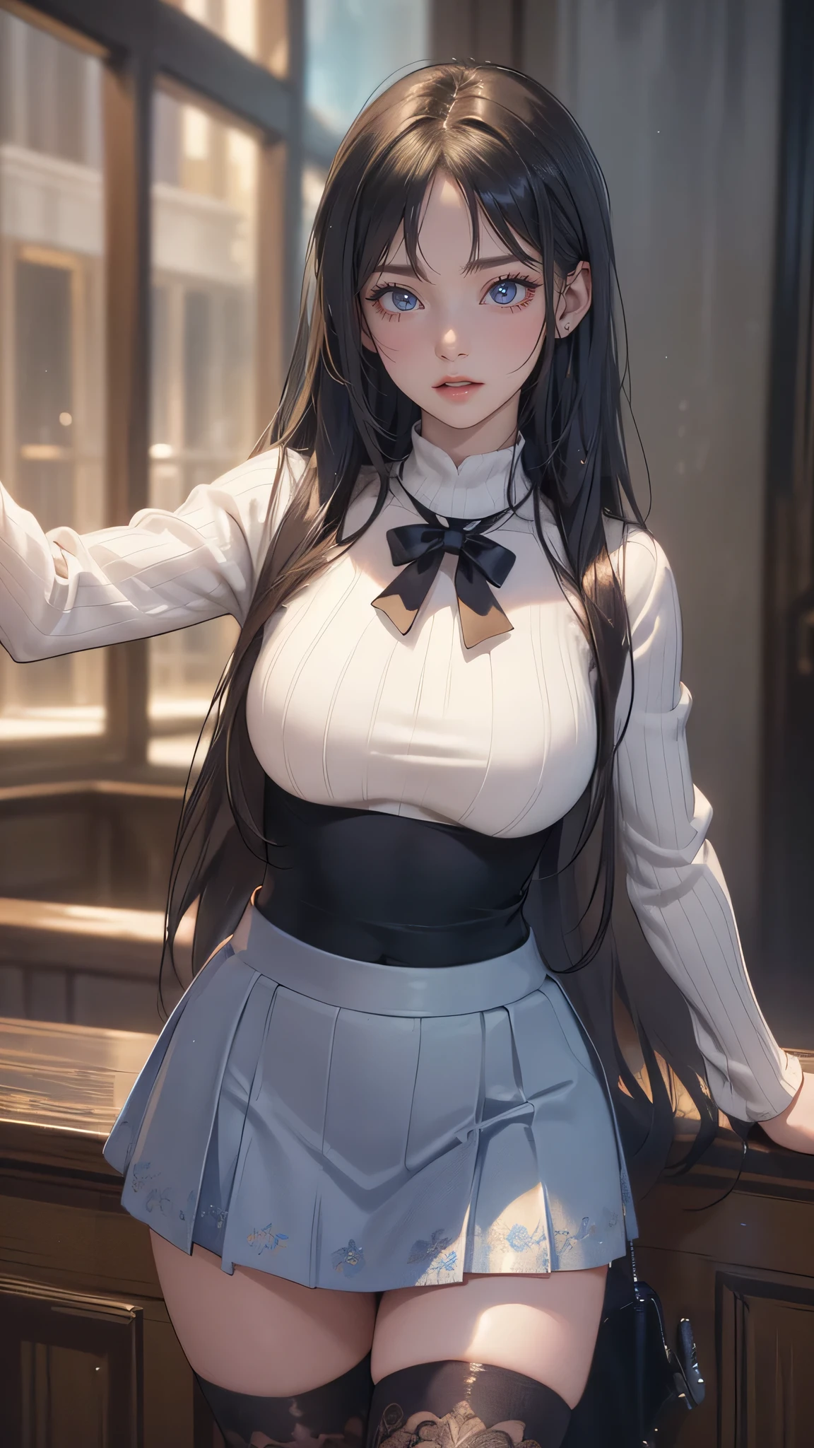 (tmasterpiece),(best quality),(highly detailed),(illustratio),(ultrahigh-resolution)a girl,off-the-shoulder costume,amazement,tutor,black color hair,straight long hair,white shirt,mature woman, 40-year-old woman,Big breasts,Scowling,Top-down view,Close-up photo,Write homework,Indoor in the bedroom,Bookcases,Tables