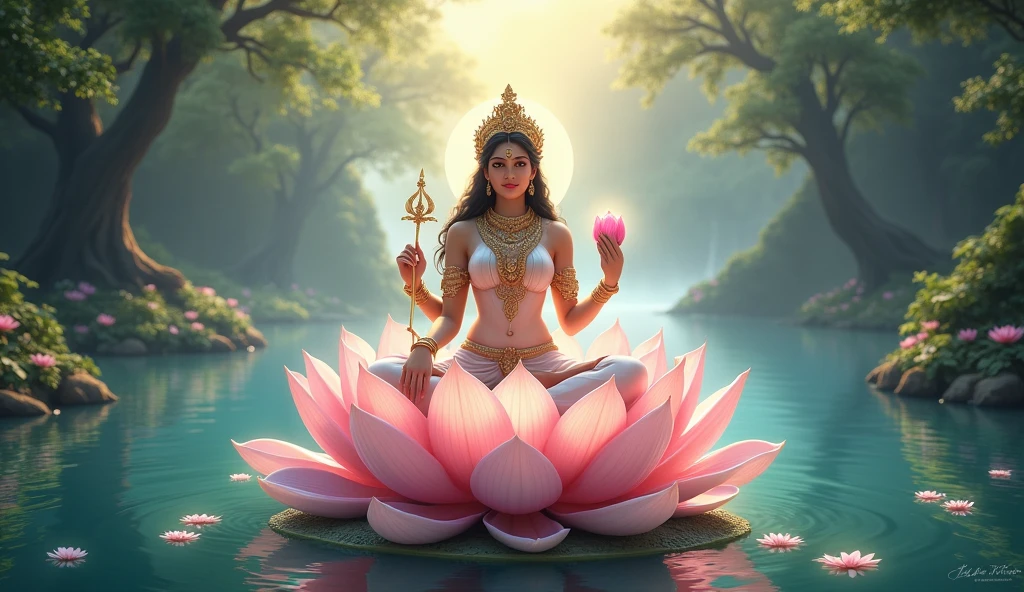 There is a beautiful goddess standing on a large lotus flower in the void,Perfect body posture,(Long curved eyebrows),Beautiful eyes sparkle,The large, Jewel-like eyes sparkle,Clear pupils have reflected light,二重まぶた,Lying silkworm,((Plump and rosy lips))Nipples clearly visible,((Flushed cheeks)),The mandible is plump,Fair skin is delicate and smooth,Delicate skin translucent,A delicate and dexterous crown,inlaid gemstones,Exquisite and ingenious,inlaid gemstones,Sitting on a light red lotus in the air,look straight at the camera,((Pinch the stem of the lotus flower with one hand)),(((nice hand))),((((Good feet))),(((good legs))),realisticlying,white skinned,((Correct body structure)),White clothing,decorated in white,baiyun,Blue sky,Head background with round light,Behind him is a colorful rainbow circle,Color glow is turned on,Front lighting,Positive light,No shadows on the face,There are no shadows on the body,Blue sky,Unreal space,ethereal world,dreamworld,with blue sky and white clouds,tmasterpiece,4K,ultra-definition,professional photoshooting,Perspective looks up,Standard lens shooting,