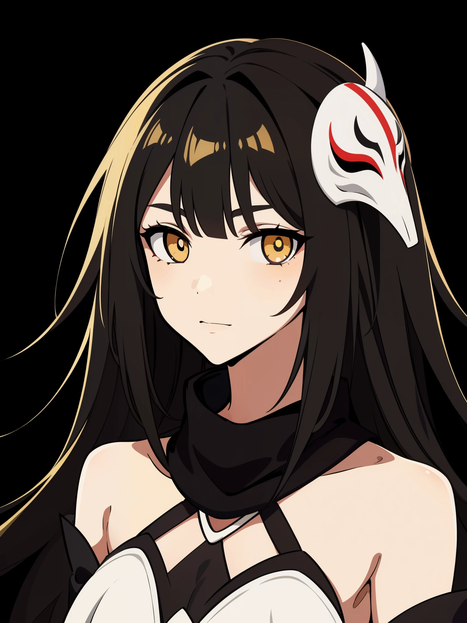 (high-quality, breathtaking),(expressive eyes, perfect face) 1girl, female, solo, adult age, Symmetrical Eyes, simple grey gradient background, long hair, shag hair, portrait, looking at viewer, black cape, scarf, white bone armor, detached collar, hollow mask, espada, golden yellow eye color, hollowfication, ichigo hollow mask inspiration, fox mask, black hair color, 