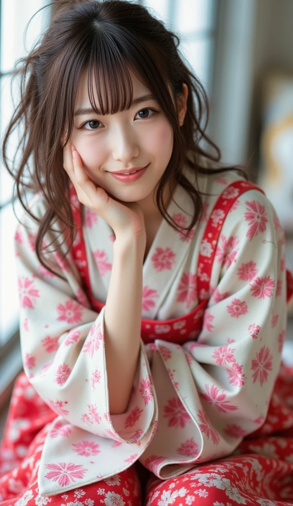 nsfw,Japan Person, 2girl with fun , japan famous idol, very young face, masterpiece, high quality, head tilt, taisho period, hakama,narrow shoulder width,looking at viewer, small face,leaning forward,laughter