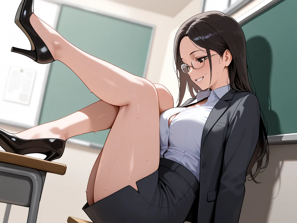 slender legs, classroom setting, 1 woman, tall woman, looking down at student, glasses, office lady outfit, blackboard with not saying: " Detention", woman smiling, unbuttoned shirt, bare legs, sweating, back to the wall, 1 male student looking up at teacher, legs on shoulders, black high heels,