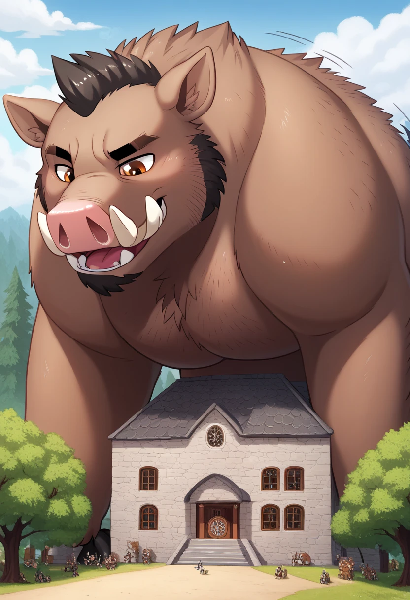 Scribble 1man, detailed, solo, Wild Boar, feral, good-natur and friendly, sadness, look really mischievous and playful, feral Wild boar face,humanity(Wild boar),chubby and muscular, strong muscle( black eyebrows :1.1),(perfect eyes), brown fur,（artist:takemoto arashi)，paw，（ Black beard :1.3），black hair, (Massiv:3.0, ( heavyweight ,strong,Macro, Emphasize the large size of a building)), background ((medieval Forest, the crack in the street)), a human man Transformation in to a macro size Giant hyper muscular feral Wild Boar, gives a dangerous look, lying on floor, rating_safe, solo, close up, growth, very cramped, low ceiling, , motion lines, cool powerful and strong, The as big as a building feral Bull Bovine in the road of medieval Forest,