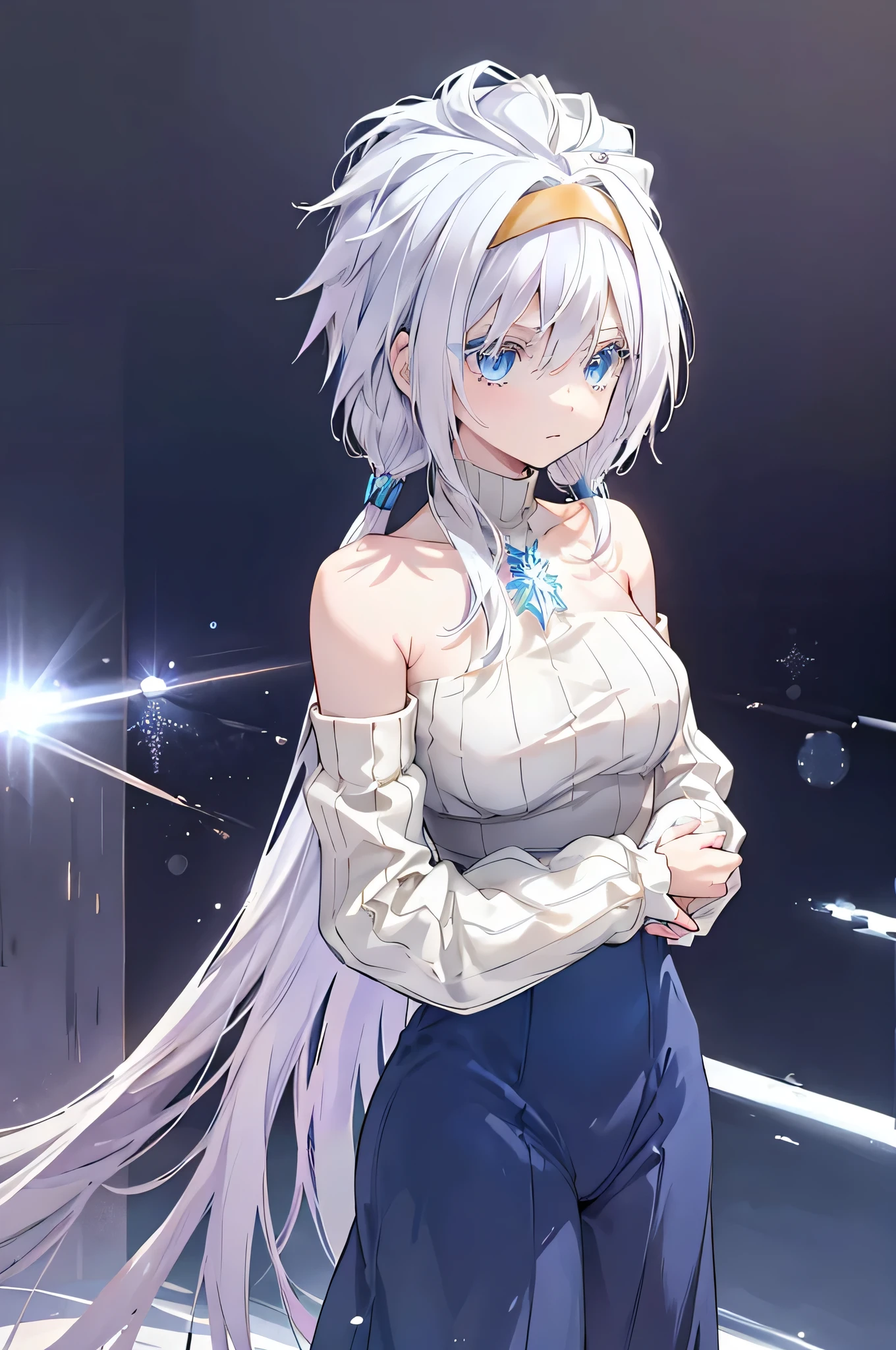 Young woman, long flowing white hair, blue eyed tinged with a shade of lavender, delicate skin, perfectly shaped hands, detailed hands covered in an icy aura. life-like portrayal, cold glinted eyes, masterfully crafted features, black cloak, black and cold detached sleeves, medium length combat dress, turtleneck jumpsuit, golden ornaments, gold headband, perfect art, beautiful deep blue eyes, two arms, two hands, two legs, five fingers per hand