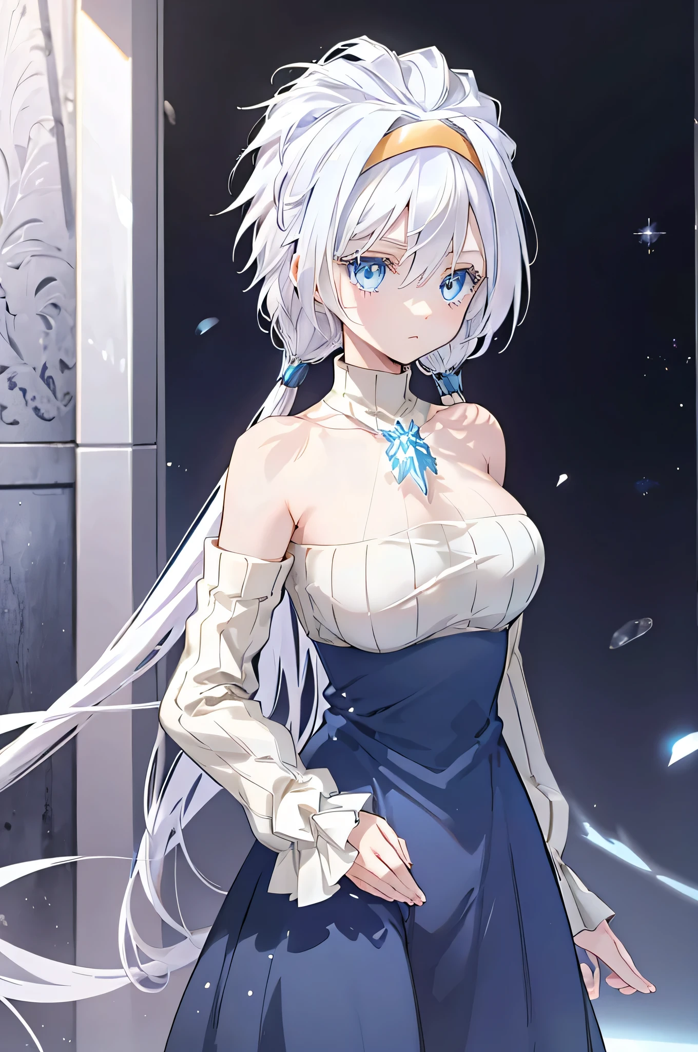 Young woman, long flowing white hair, blue eyed tinged with a shade of lavender, delicate skin, perfectly shaped hands, detailed hands covered in an icy aura. life-like portrayal, cold glinted eyes, masterfully crafted features, black cloak, black and cold detached sleeves, medium length combat dress, turtleneck jumpsuit, golden ornaments, gold headband, perfect art, beautiful deep blue eyes, two arms, two hands, two legs, five fingers per hand