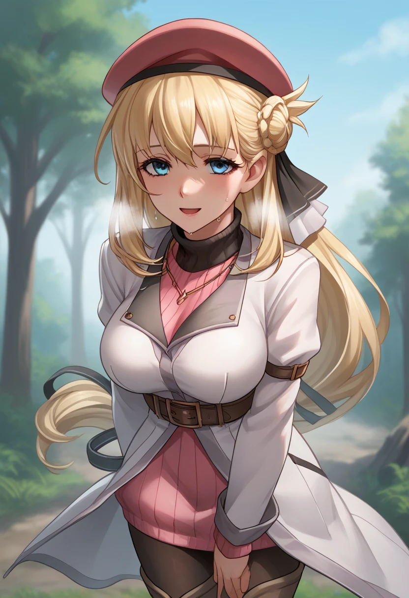 score_9, score_8_up, score_7_up, score_6_up, score_5_up, score_4_up, BREAK source_anime,
1girl, solo, erotic, sfw,  Agnes Claudel, blonde hair, long hair, blue eyes, large breasts, hair ribbon, beret, white coat, turtleneck dress, necklace, belt, pink skirt, pantyhose, brown boots, thigh boots,, 
upper body, portrait  looking at viewer, smile, outdoors, sky, trees, 
racoonsan,, standing up bending forward exhausted heavy breathing, sweating, wet, moaning, mouth open