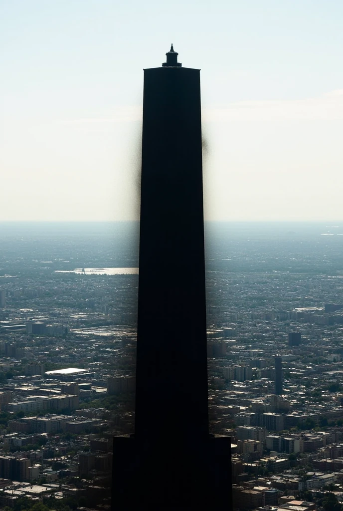 This is a photo taken by a professional 、 I'm taking a picture of the vast bright cityscape from above、The background is bright in the daytime 、 There is a long tower in the center of the screen 、 The tower is completely black and I don't understand the details at all、 I have the impression that only part of the tower has lost space 、Only the tower part creates a different space 、The tower has only a black silhouette 、 It's a scene that stirs up anxiety