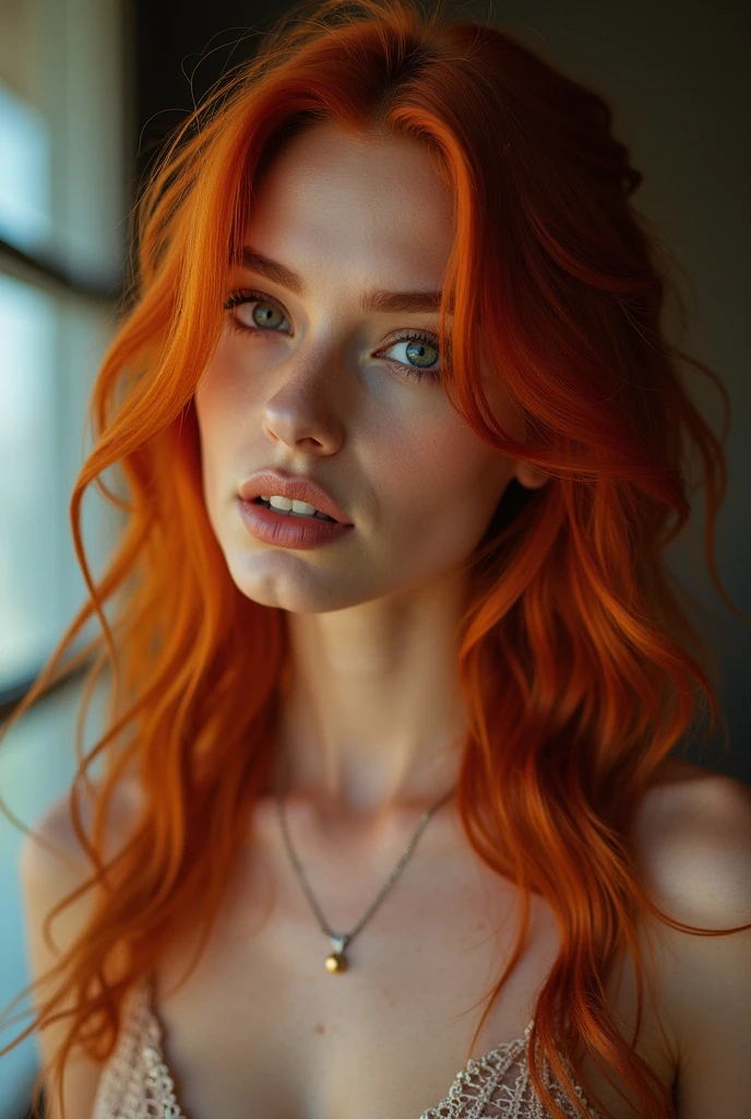arafed woman with orange hair and blue eyes posing for a picture, shot 8 k, attractive features, a beautiful woman, orange glowing hair, beautiful woman,
wearing a sexy tight lingerie, waist up pose , facing front to camera , various shot angle