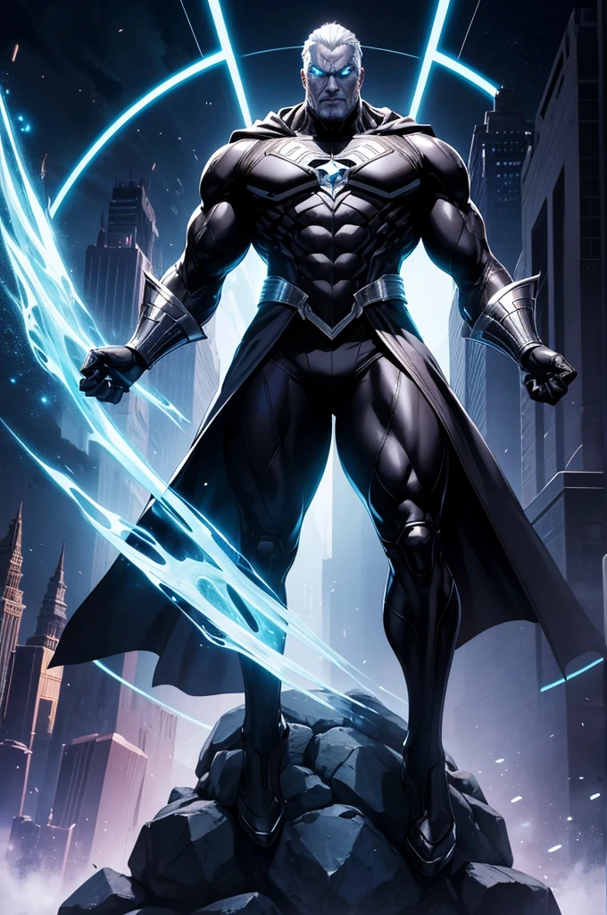 create a character, of 1,90m tall, strong body, approximately 100 kg , wears a suit made of dark antimatter, has silver hair ,short, full body image, Brilliant eyes Rodo , stately posture , The character must refer to the Marvel Comics comic book villains