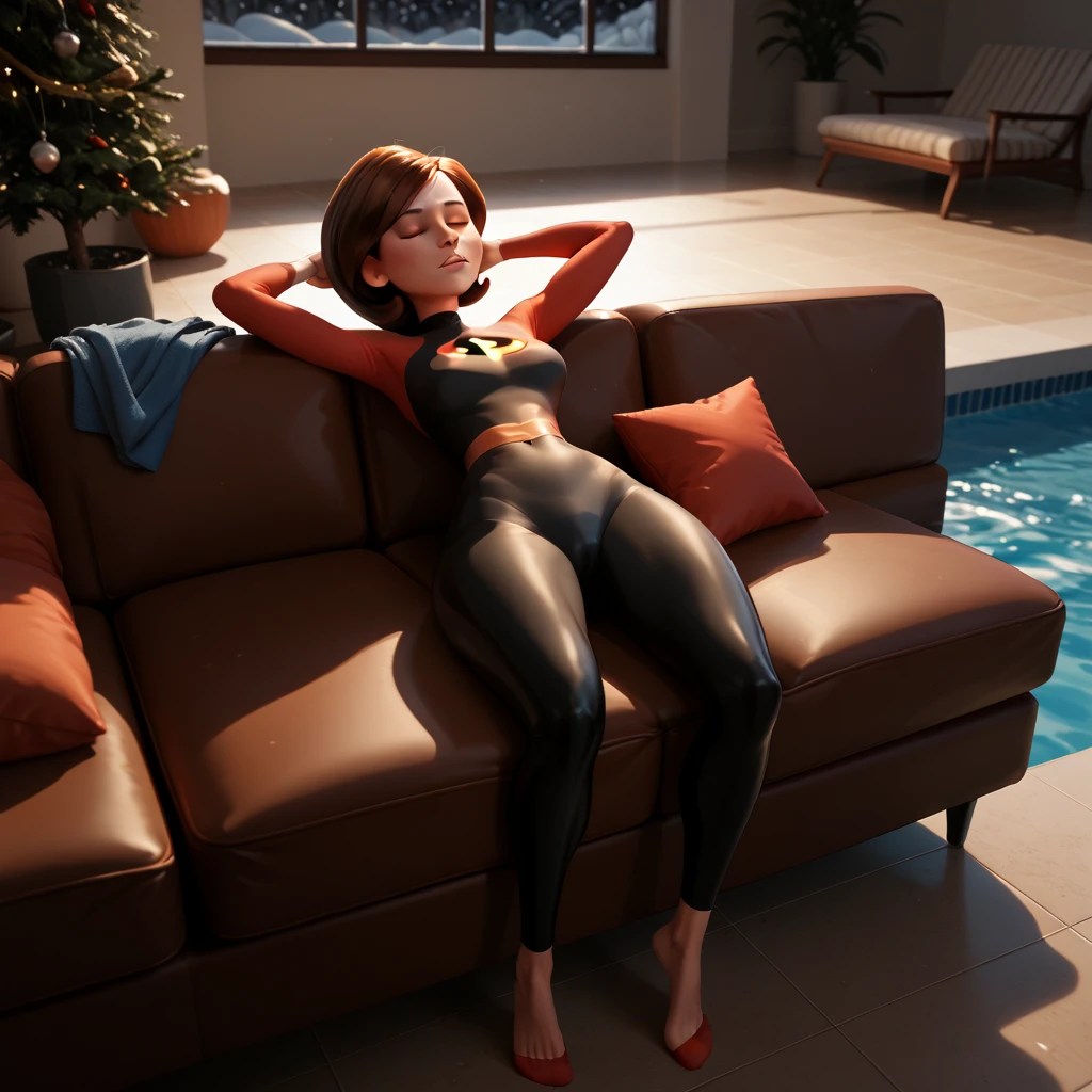 elastic girl , helen parr , nsfw,boob exposed, full body, sleeping on a sofa relaxing and seducing , winter, swimming pool , elastic girl suite tight and sex, front side , hands up , legs spread, eyes closed,