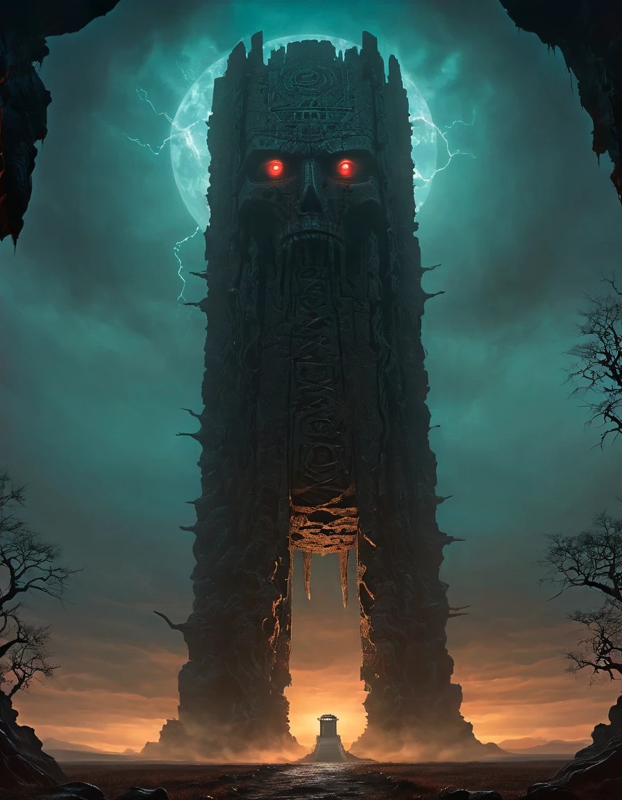 A striking dark surrealism artwork, reminiscent of Zdzisław Beksiński's unique style. The main focus is a towering, Dark totemic Tower standing tall in a barren, otherworldly landscape. skeletal structures that stretch towards the dark, stormy sky. The atmosphere is ominous, with an air of mystery and unease. Strange, luminescent creatures with glowing eyes can be seen lurking in the shadows, adding to the unsettling atmosphere. The monolith itself is adorned with cryptic, glowing symbols that emit a haunting light, as if holding secrets from an unknown world.