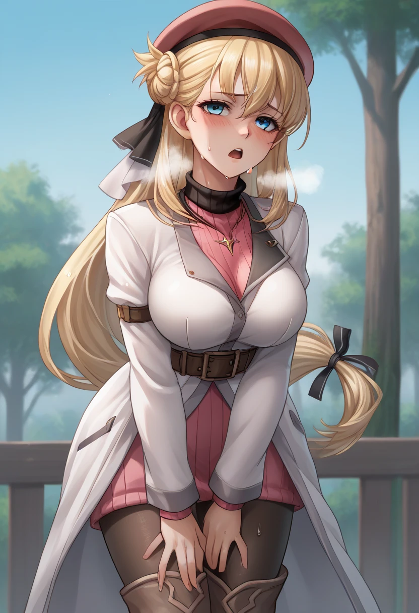 score_9, score_8_up, score_7_up, score_6_up, score_5_up, score_4_up, BREAK source_anime,
1girl, solo, erotic, sfw,  Agnes Claudel, blonde hair, long hair, blue eyes, large breasts, hair ribbon, beret, white coat, turtleneck dress, necklace, belt, pink skirt, pantyhose, brown boots, thigh boots,, 
Complete body, portrait  looking at viewer, outdoors, sky, trees, 
racoonsan,, standing up bending forward exhausted heavy breathing, sweating, wet, moaning, mouth open