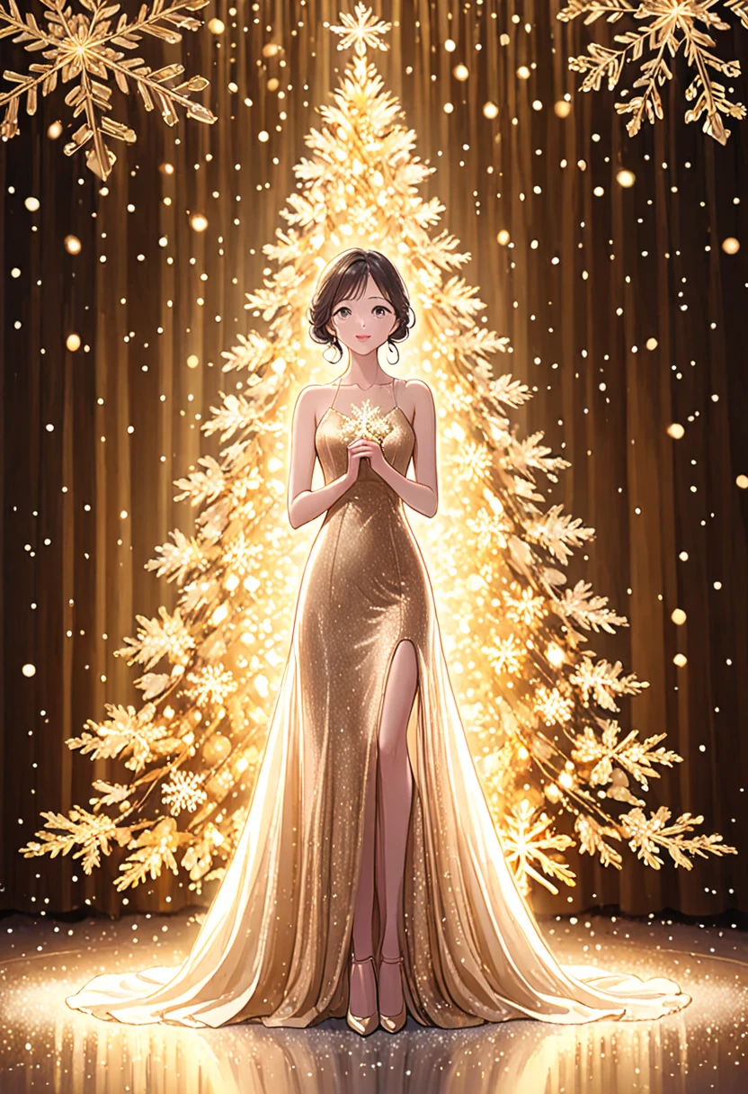 Next to a shining gold Christmas tree, 、 a woman in an elegant dress with the image of a snowflake is standing。 champagne gold lights spread out in the background, and 、 Romantic atmosphere 。