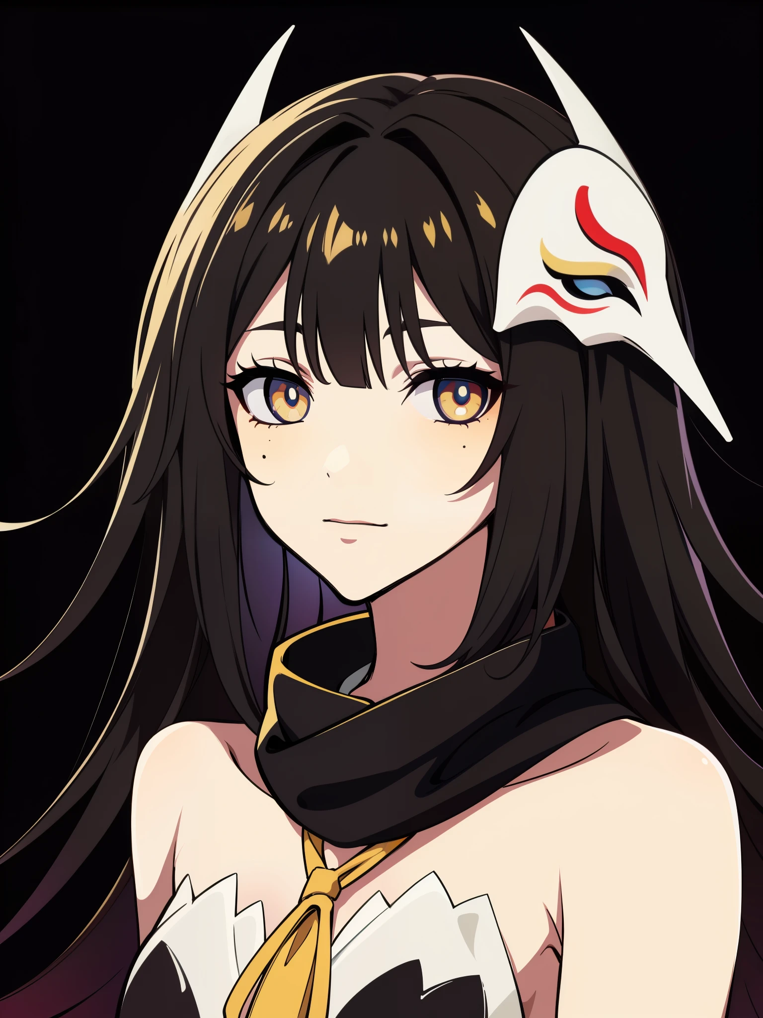 (high-quality, breathtaking),(expressive eyes, perfect face) 1girl, female, solo, adult age, Symmetrical Eyes, simple grey gradient background, long hair, shag hair, portrait, looking at viewer, black cape, scarf, white bone armor, detached collar, hollow mask, espada, golden yellow eye color, hollowfication, ichigo hollow mask inspiration, fox mask, black hair color, 