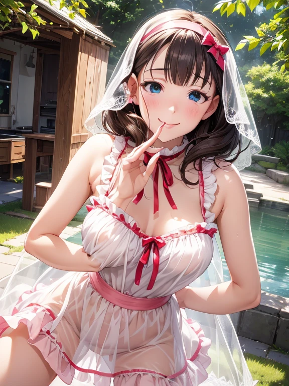 attractive korean woman, ripped muscle, muscular body, small breast, pale skin, smile(blush), bride dress, cross necklace, sixpack abs, [ultra detailed skin:1.2], brown hair, wavy hair, 8k uhd, full body, crowd, public, poolside, sitting,