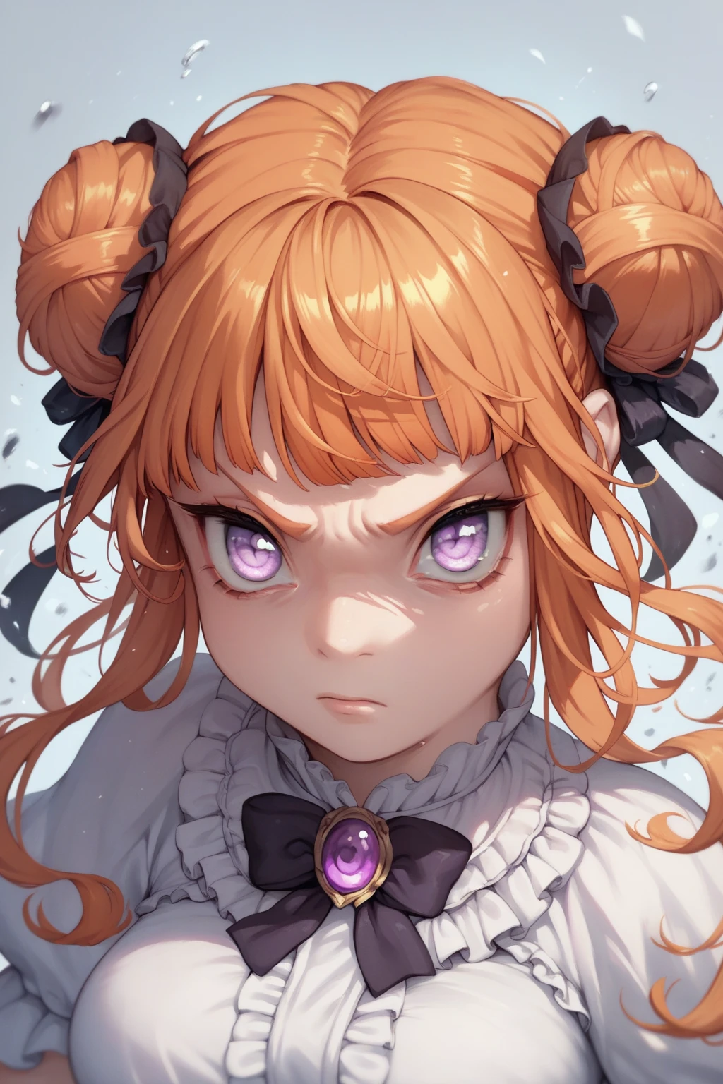 score_9, score_8_up, score_7_up, high resolution, 1girl, looking at viewer, beautiful face, detailed pupils, orange hair, triple bun, fringed bangs, light purple eyes, breasts, punching 