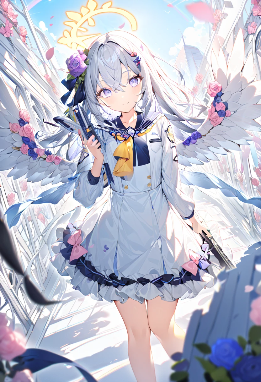 azusa_(blue_archive) absurdres commentary highres 1girl angel_wings arm_at_side ascot assault_rifle black_ribbon black_sailor_collar black_skirt blue_flower blue_rose blue_sky blurry blurry_background blush cherry_blossoms closed_mouth crescent_halo day depth_of_field dutch_angle eyelashes falling_feathers feathered_wings feathers feet_out_of_frame floating_hair flower frilled_sailor_collar frilled_skirt frills grey_hair gun hair_between_eyes hair_flower hair_ornament hair_ribbon halo hand_up high-waist_skirt holding holding_flower holding_gun holding_weapon long_hair long_sleeves looking_at_viewer low_wings m4_carbine outdoors pink_flower pink_rose puffy_long_sleeves puffy_sleeves purple_eyes purple_flower ribbon rifle rose sailor_collar school_uniform serafuku shirt skirt sky smile solo stairs standing tsurime weapon white_shirt white_wings wind wings yellow_ascot yellow_halo smile masterpiece, best quality