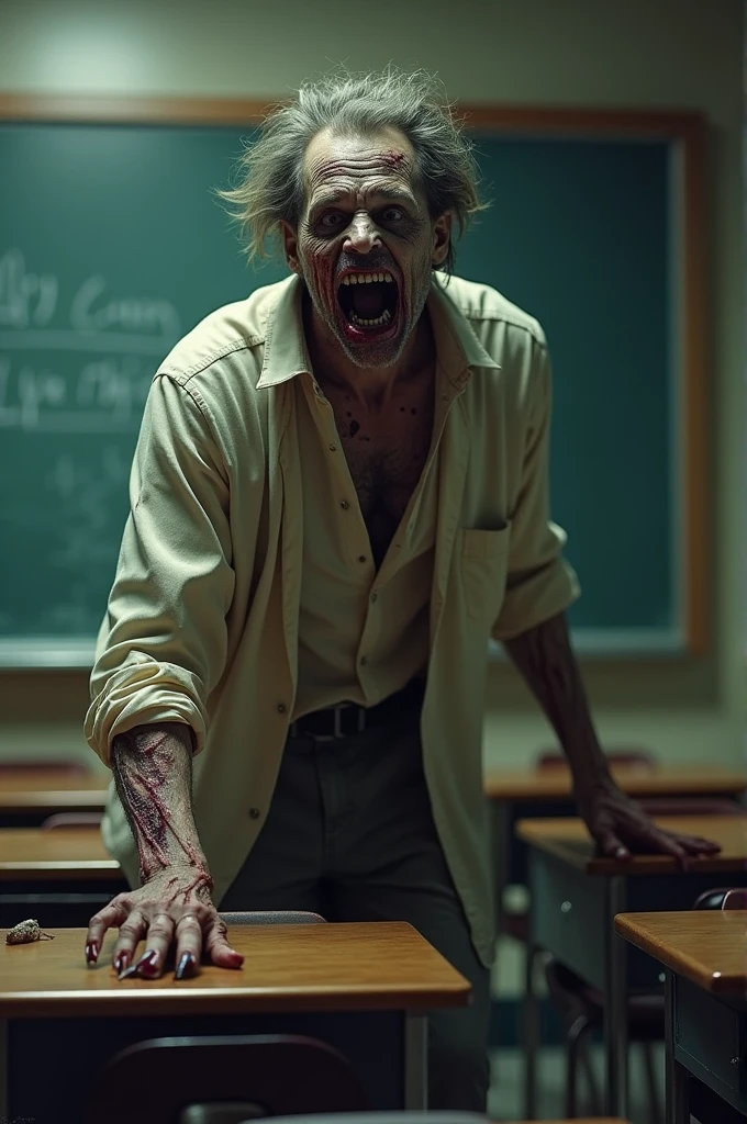 a gloomy dilapidated classroom, undead male and female students, demonic teacher in white blouse and black miniskirt, detailed creepy faces, horror atmosphere, dark colors, dramatic lighting, cinematic composition, highly detailed, 8k, photorealistic, concept art style