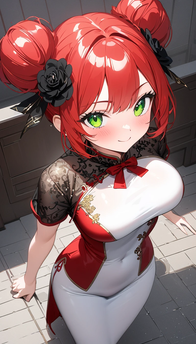 (((( super high resolution )))), (((最 High Quality )), ((masterpiece)), ( Details), 最 High Quality ,  High Quality , 超 Details,  perfect face, 4K, 8k, ((ultra quality)), (( 1 woman , , green eyes, red hair: 2.5, double bun, glamorous, standing)), Full Finger,  shiny hair 、 pubic skin, blush, smile, Big Breasts,  Big Breasts , side bust, china dress, from above, Chinese Garden