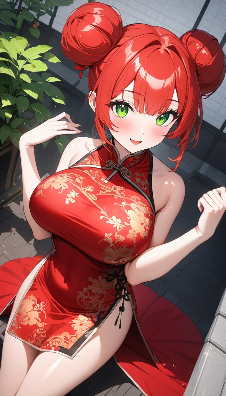 (((( super high resolution )))), (((最 High Quality )), ((masterpiece)), ( Details), 最 High Quality ,  High Quality , 超 Details,  perfect face, 4K, 8k, ((ultra quality)), (( 1 woman , , green eyes, red hair: 2.5, double bun, glamorous, standing)), Full Finger,  shiny hair 、 pubic skin, blush, smile, Big Breasts,  Big Breasts , side bust, china dress, from above, Chinese Garden