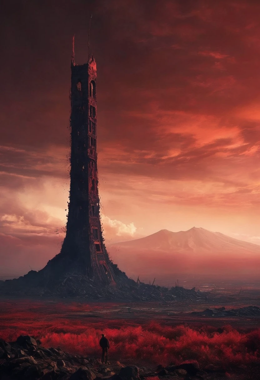  A tower towering over an apocalyptic landscape,
 devastated world, ruins, Dark Tower, Dark red sky, volcano, cigarette, wilderness, Silence, Air of Death , Lonely