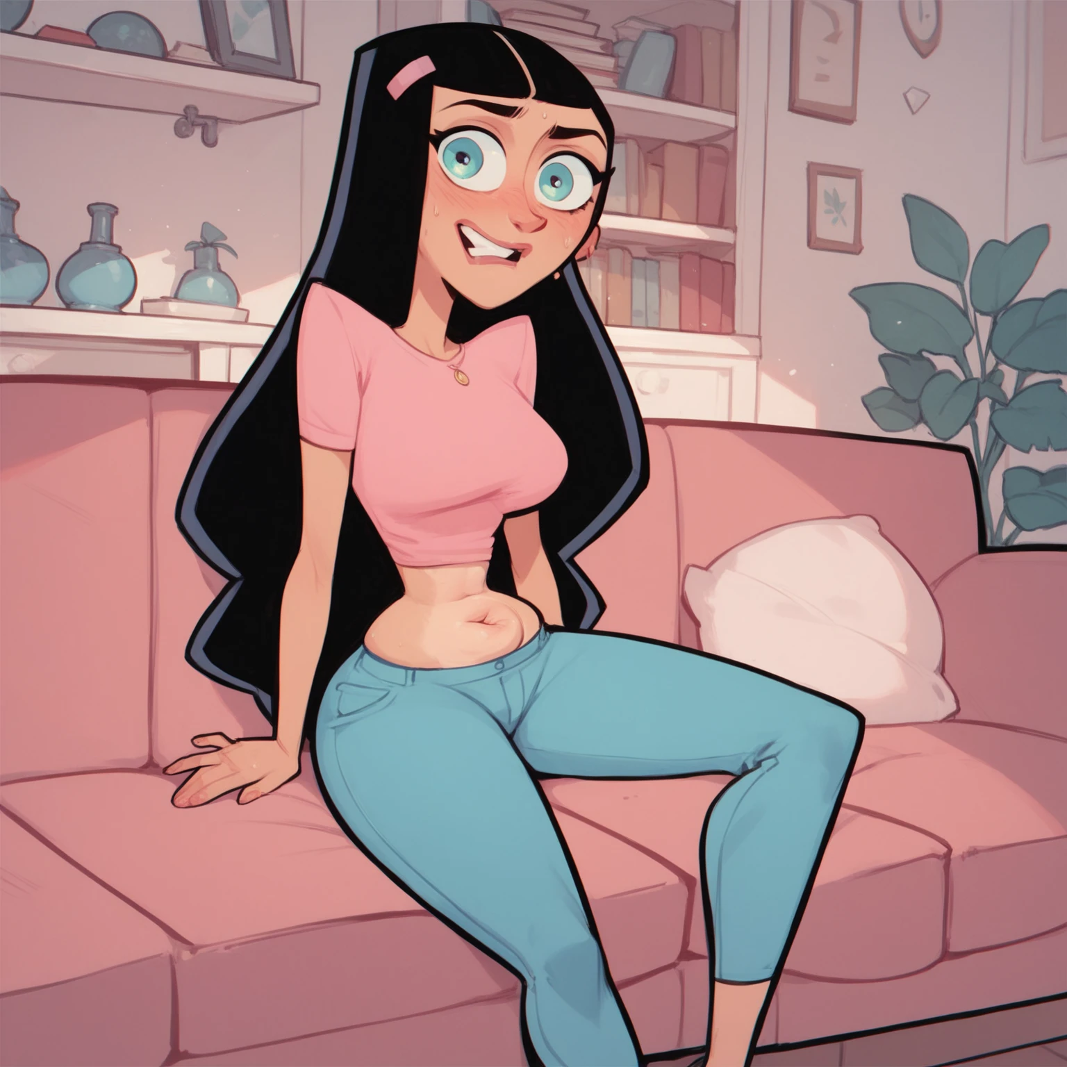 She looks surprised that she has gained weight and her belly is so chubby. The waistand chest of her dress is ripped because of her belly fat. And her waist got thicker