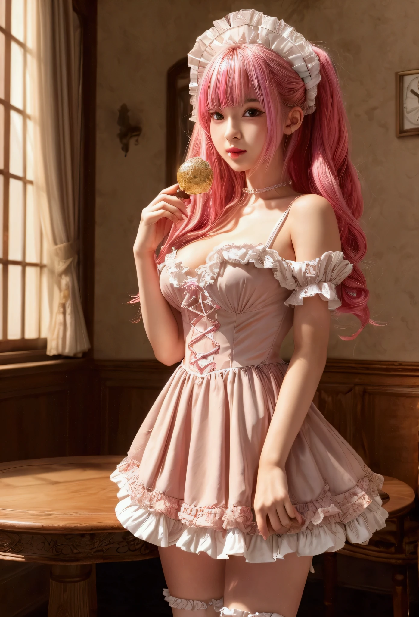 A super delicate and cute girl with pink hair wearing a Lolita dress, Detailed and luxurious lolita dress, The hem of the dress is wide open, The hem is fluttering, big eyes, golden ratio body with big breasts, perfect anatomy. 8k ultra high resolution, delicate texture, pure white background, 