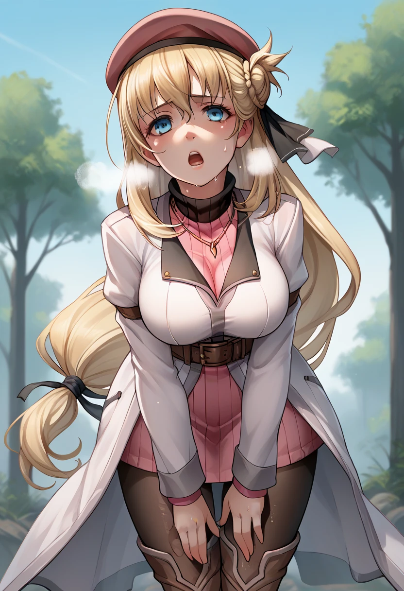 score_9, score_8_up, score_7_up, score_6_up, score_5_up, score_4_up, BREAK source_anime,
1girl, solo, sfw,  Agnes Claudel, blonde hair, long hair, blue eyes, large breasts, hair ribbon, beret, white coat, turtleneck dress, necklace, belt, pink skirt, pantyhose, brown boots, thigh boots,, 
Complete body, looking at viewer, outdoors, sky, trees, 
racoonsan,, standing up bending forward exhausted heavy breathing, sweating, wet, moaning, mouth open