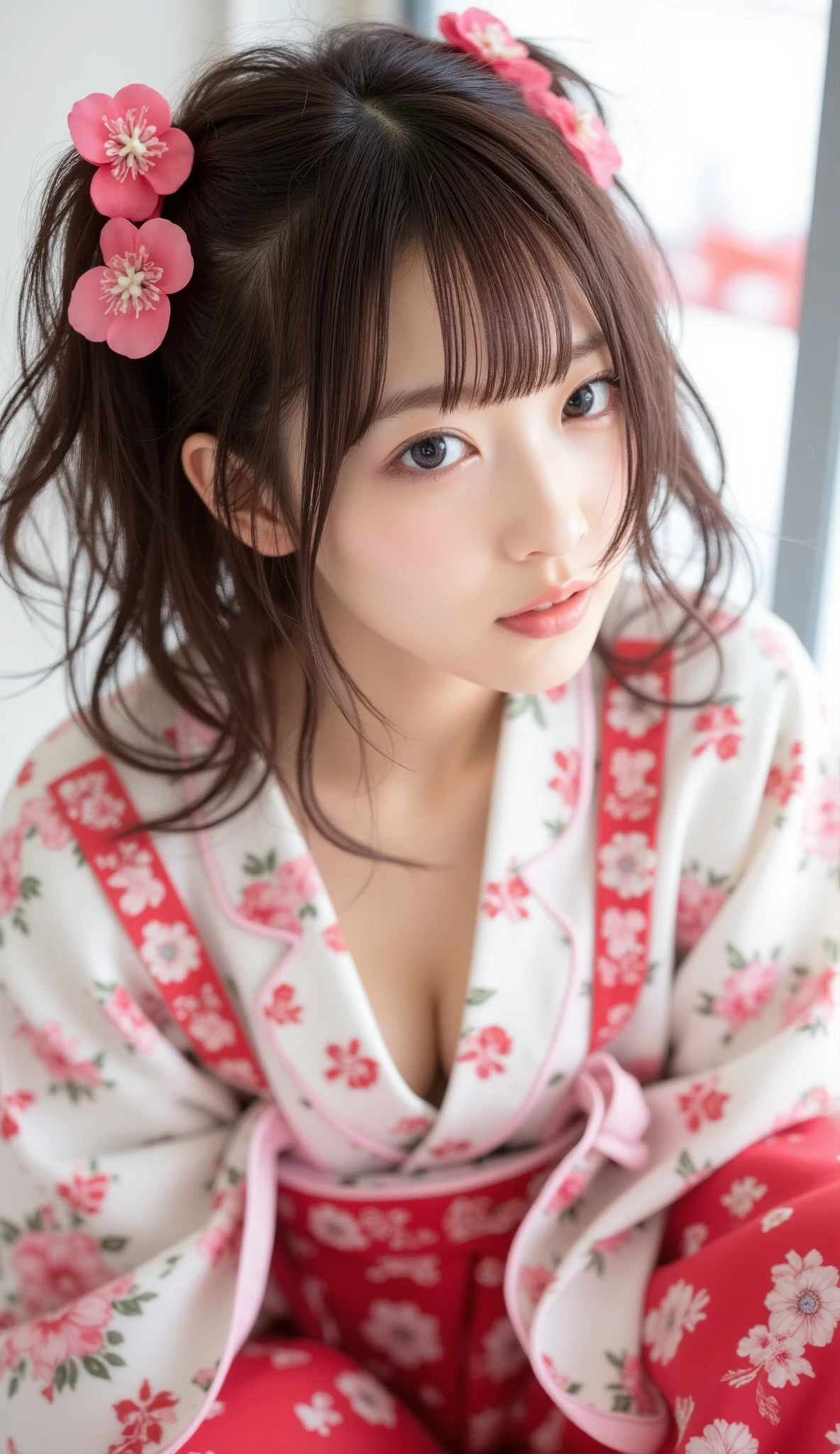 nsfw,Japan Person, 2girl with fun , japan famous idol, very young face, masterpiece, high quality, head tilt, taisho period, yagasuri,hakama,narrow shoulder width,looking at viewer, small face,leaning forward,laughter