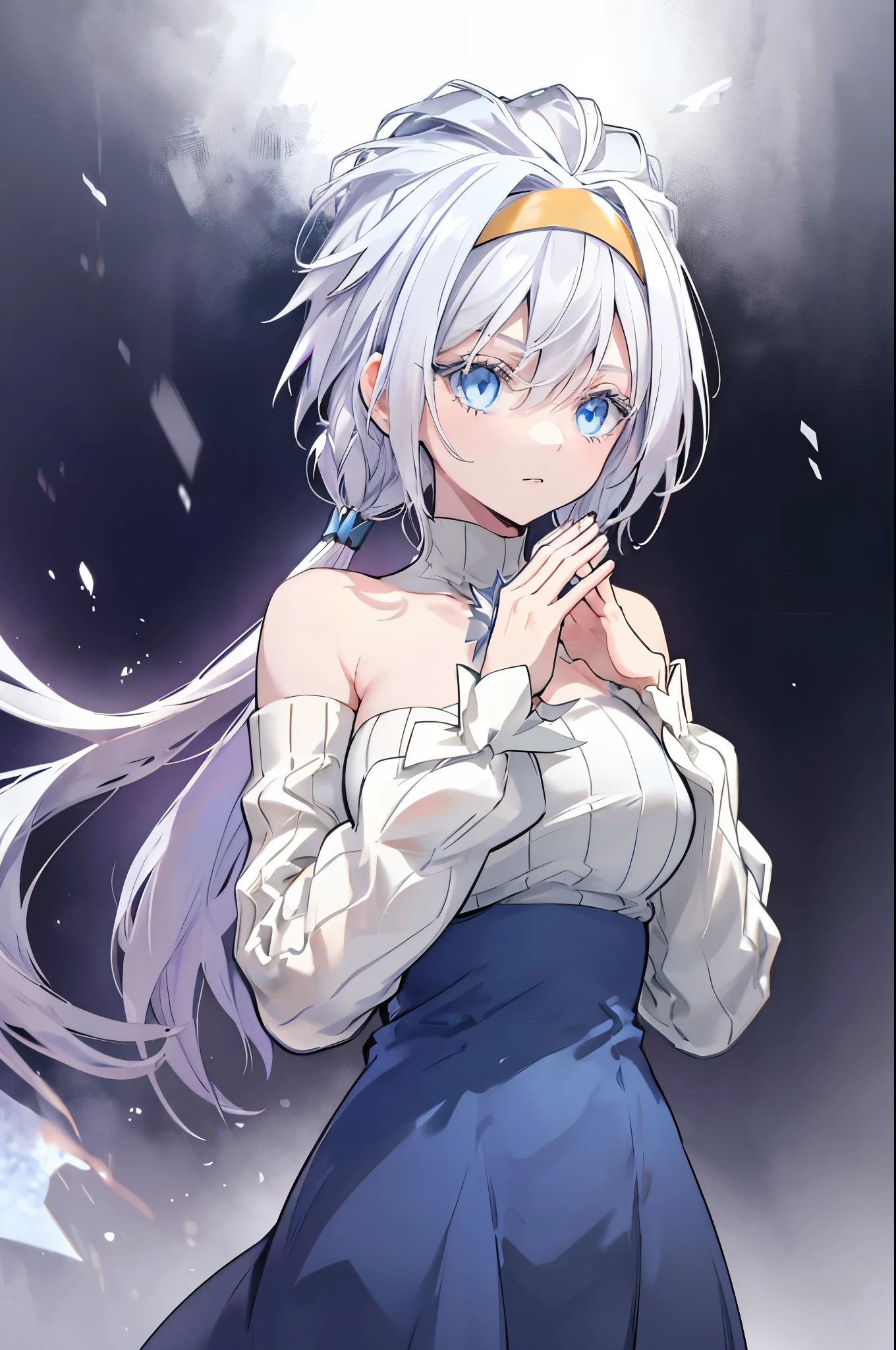 Young woman, long flowing white hair, blue eyed tinged with a shade of lavender, delicate skin, perfectly shaped hands, detailed hands covered in an icy aura. life-like portrayal, cold glinted eyes, masterfully crafted features, black cloak, black and cold detached sleeves, medium length combat dress, turtleneck jumpsuit, golden ornaments, gold headband, perfect art, beautiful deep blue eyes, two arms, two hands, two legs, five fingers per hand, masterpiece, highres