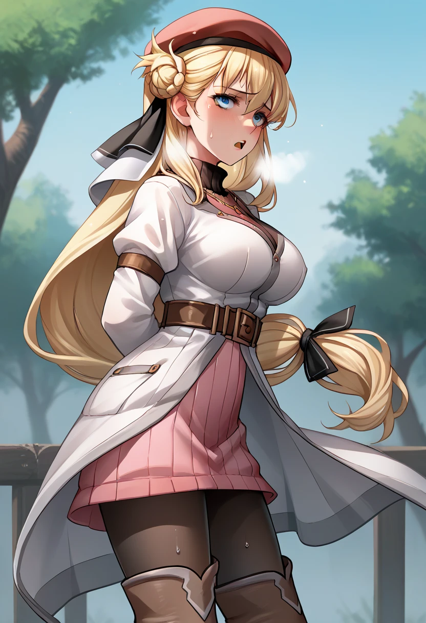 score_9, score_8_up, score_7_up, score_6_up, score_5_up, score_4_up, BREAK source_anime,
1girl, solo, sfw,  Agnes Claudel, blonde hair, long hair, blue eyes, large breasts, hair ribbon, beret, white coat, turtleneck dress, necklace, belt, pink skirt, pantyhose, brown boots, thigh boots,, 
Complete body, side view, looking at viewer, outdoors, sky, trees, 
racoonsan,, standing up bending forward exhausted heavy breathing, sweating, wet, moaning, mouth open