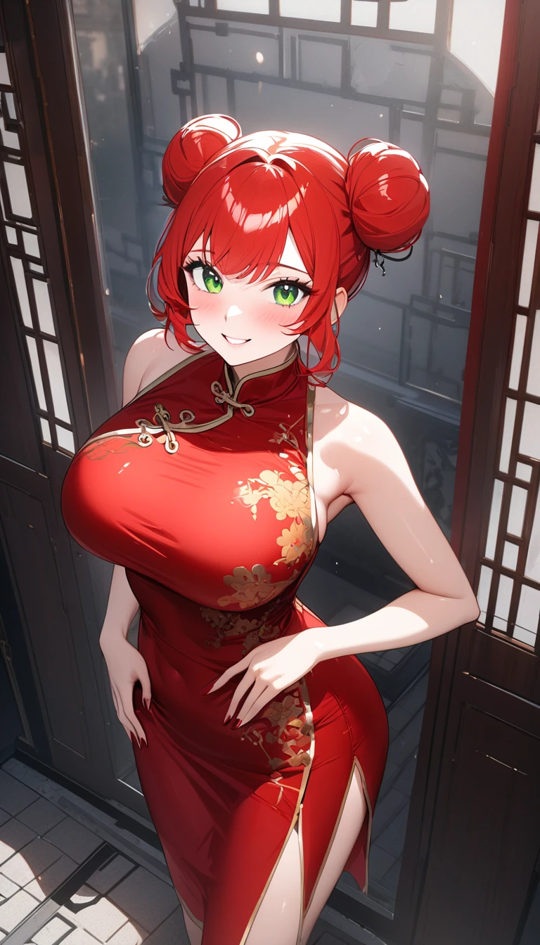 (((( super high resolution )))), (((最 High Quality )), ((masterpiece)), ( Details), 最 High Quality ,  High Quality , 超 Details,  perfect face, 4K, 8k, ((ultra quality)), (( 1 woman , , green eyes, red hair: 2.5, double bun, glamorous, standing)), Full Finger,  shiny hair 、 pubic skin, blush, smile, Big Breasts,  Big Breasts ,  Side Bust , red china dress, from above, Chinese Garden