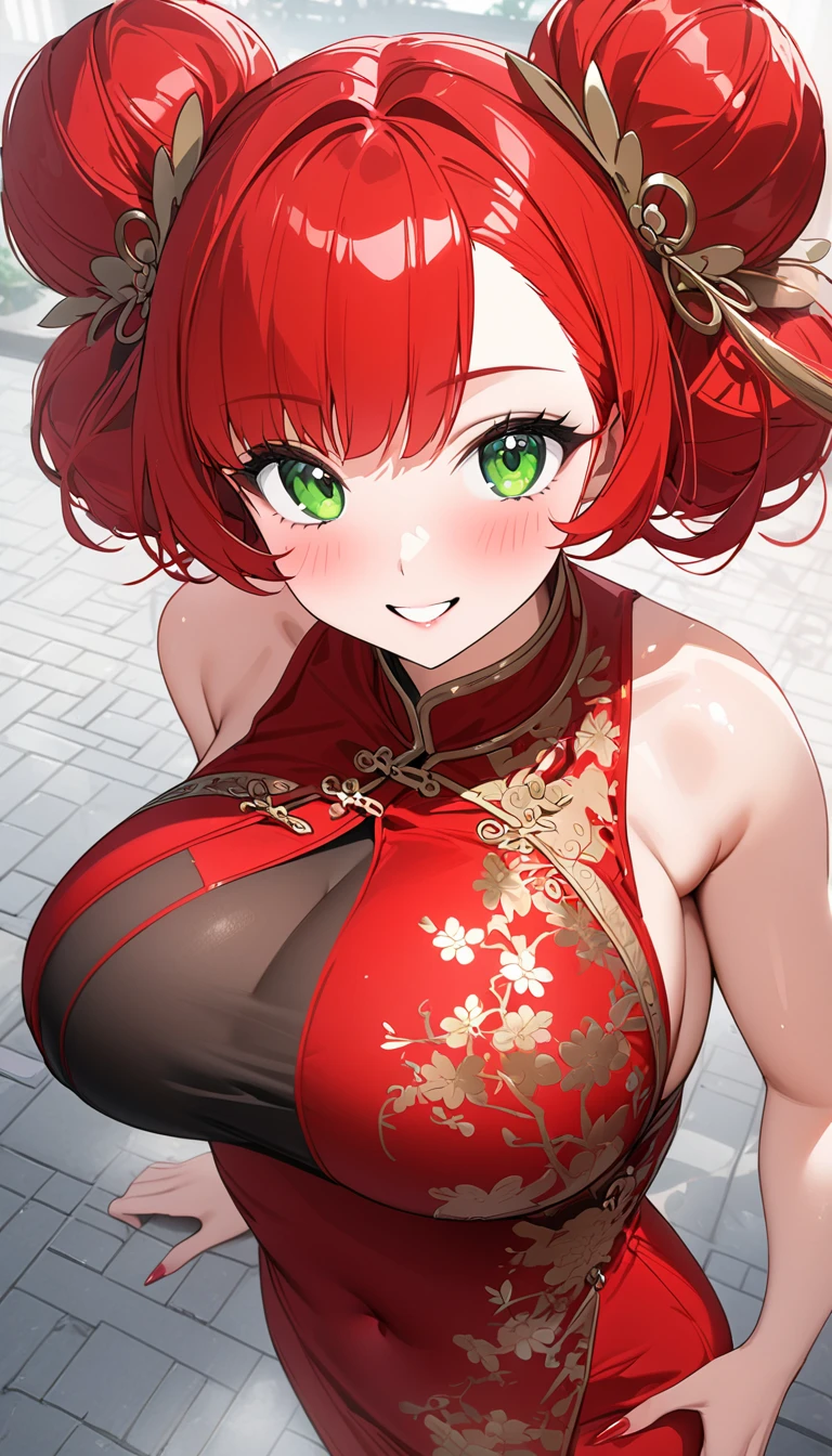 (((( super high resolution )))), (((最 High Quality )), ((masterpiece)), ( Details), 最 High Quality ,  High Quality , 超 Details,  perfect face, 4K, 8k, ((ultra quality)), (( 1 woman , , green eyes, red hair: 2.5, double bun, glamorous, standing)), Full Finger,  shiny hair 、 pubic skin, blush, smile, Big Breasts,  Big Breasts ,  Side Bust , red china dress, from above, Chinese Garden